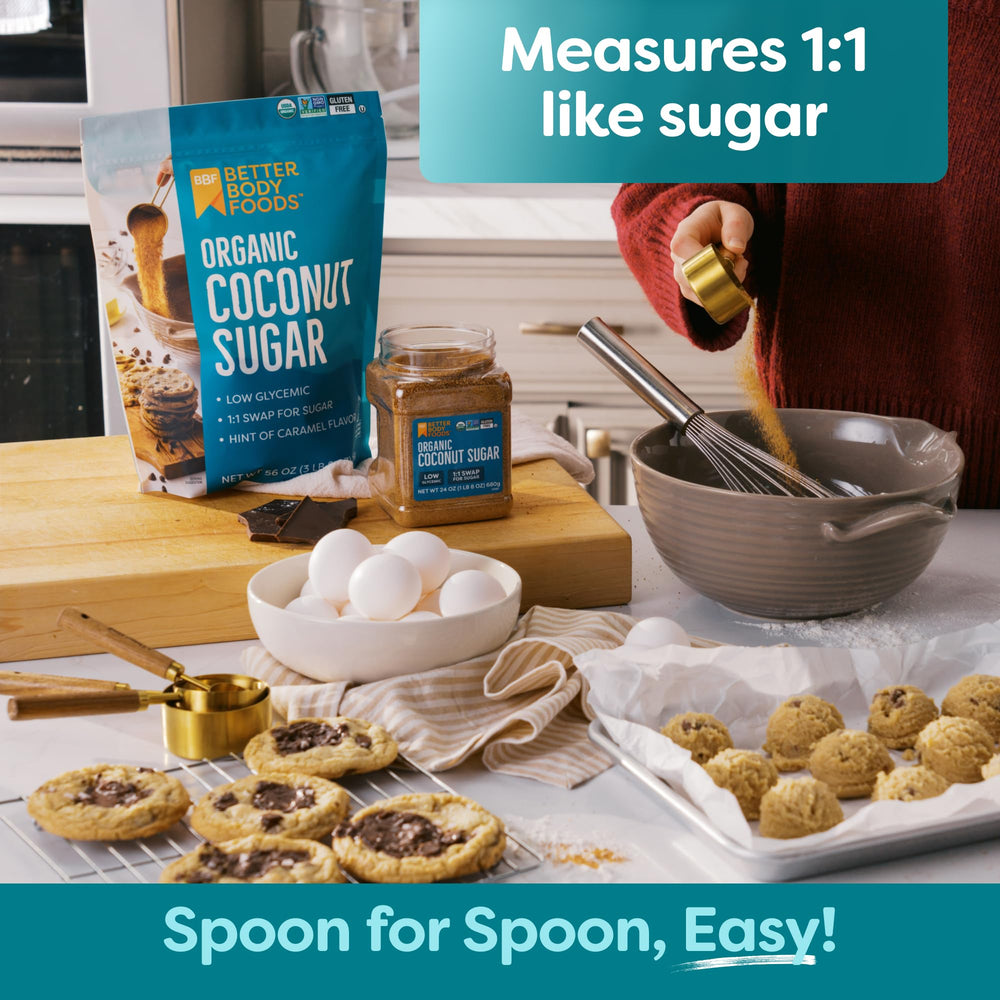 BetterBody Foods Organic Coconut Sugar jar with Organic label and certifications.