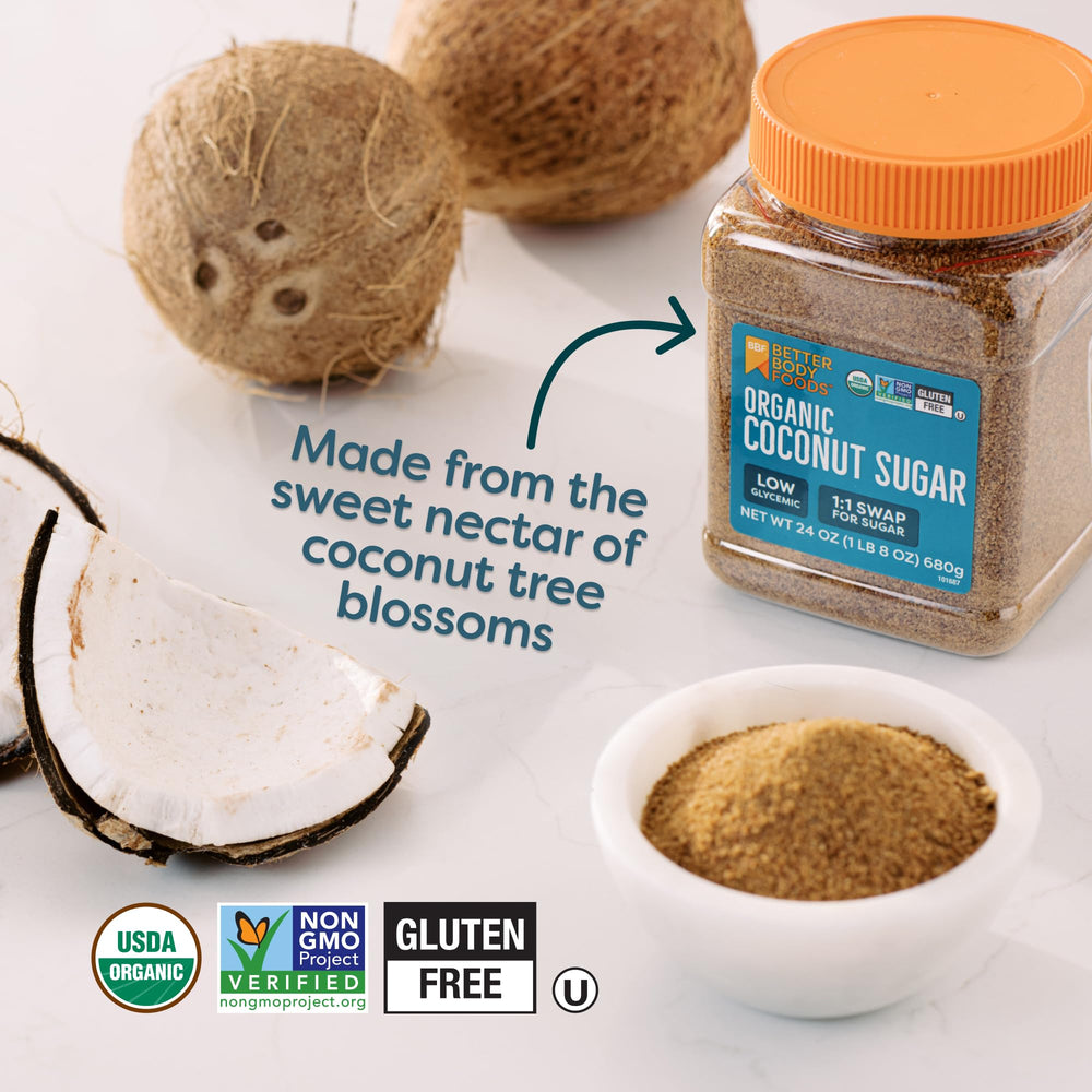 BetterBody Foods Organic Coconut Sugar sprinkled on oatmeal for a caramel note