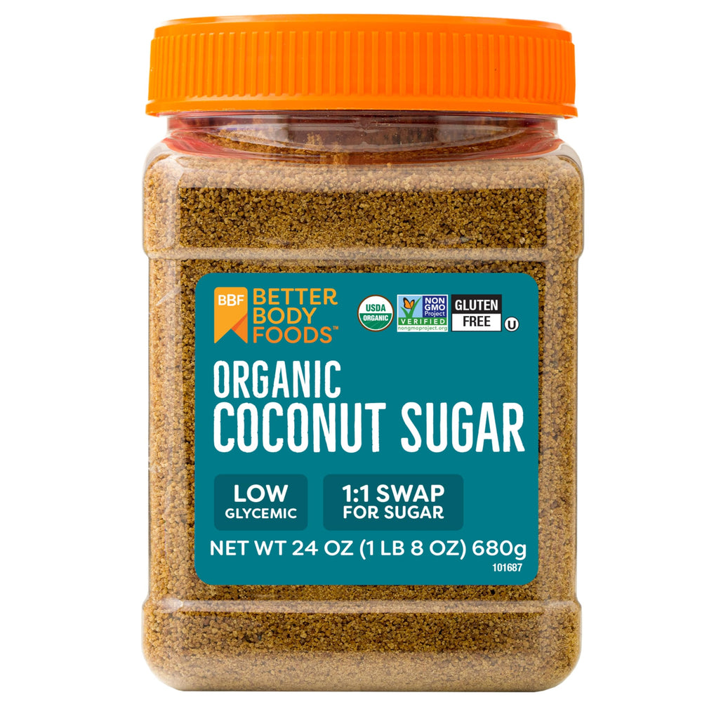 BetterBody Foods Organic Coconut Sugar packaging on pantry shelf for easy storage