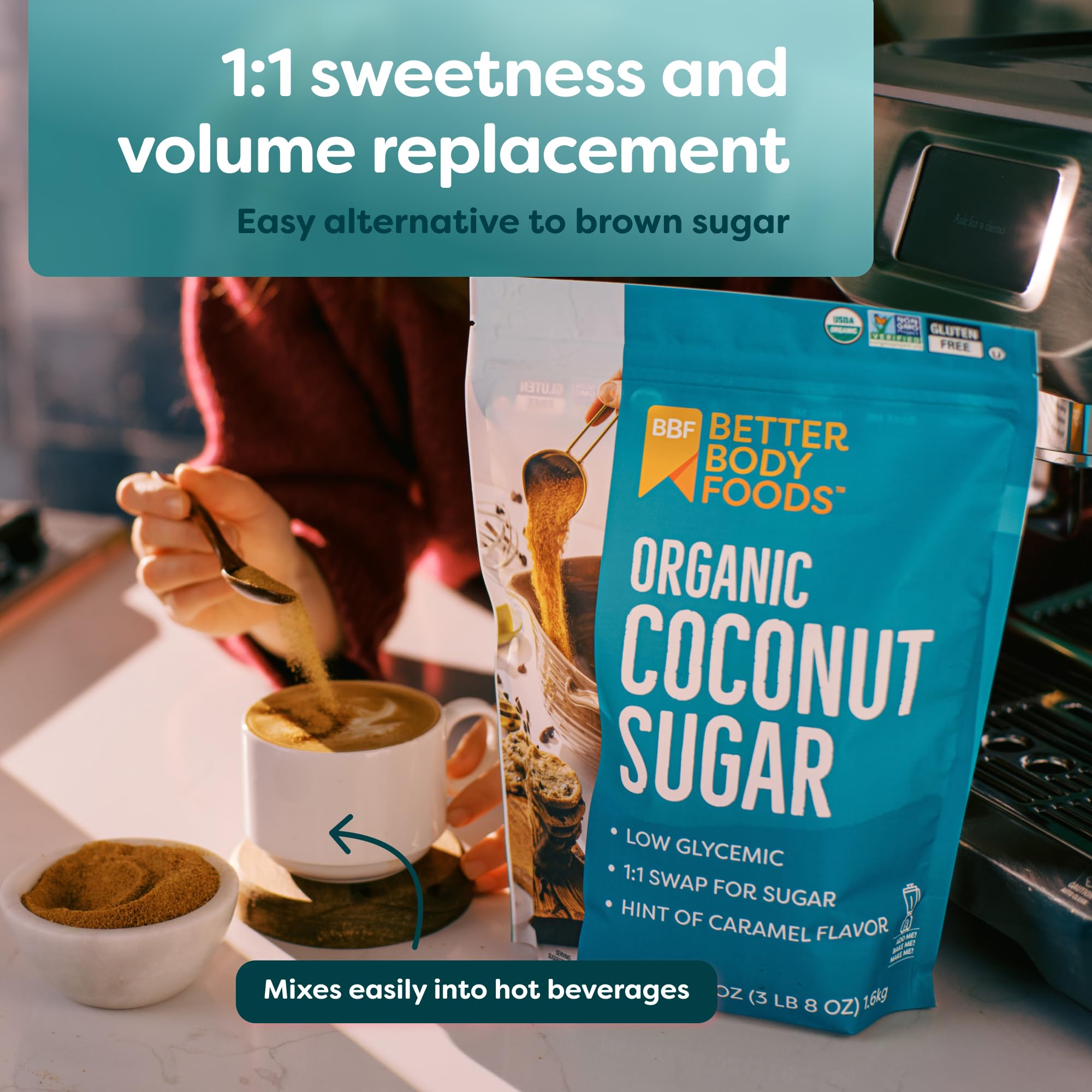 BetterBody Foods Organic Coconut Sugar stored neatly in pantry.