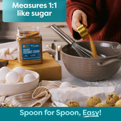 Pouring BetterBody Foods Organic Coconut Sugar into a mug for mild sweetness