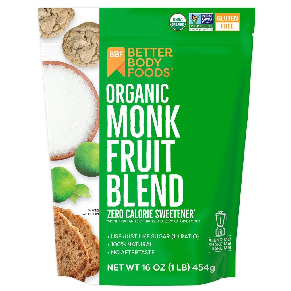 BetterBody Foods Organic Monk Fruit Sweetener bottle, zero calories, convenient sugar substitute for drinks and baking.