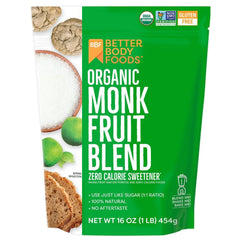 BetterBody Foods Organic Monk Fruit Sweetener bottle, zero calories, convenient sugar substitute for drinks and baking.