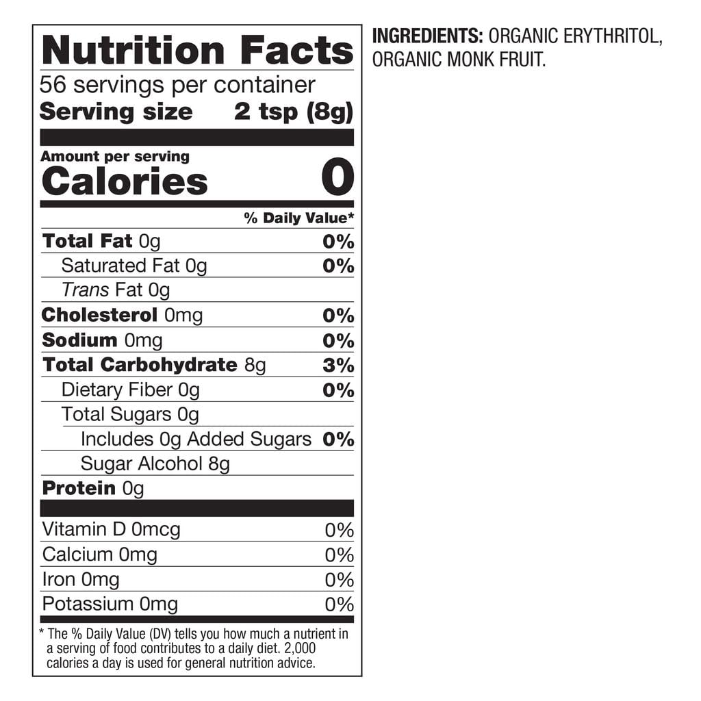 BetterBody Foods Organic Monk Fruit Sweetener ingredient image highlighting organic, non-GMO sweetness.