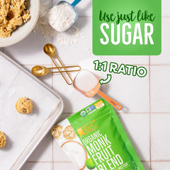 BetterBody Foods Organic Monk Fruit Sweetener measuring spoon in baking use.