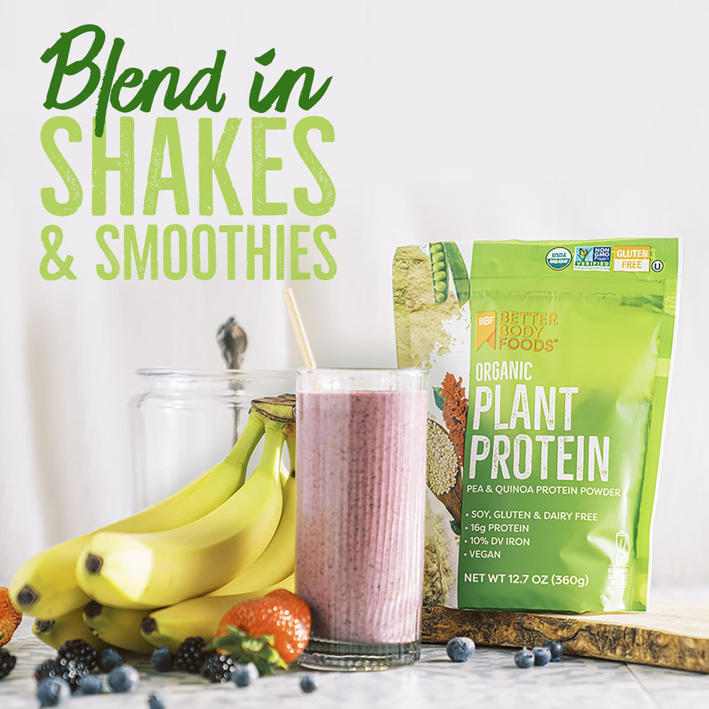 BetterBody Foods Organic Plant Based Protein Powder shake in glass with neutral flavor