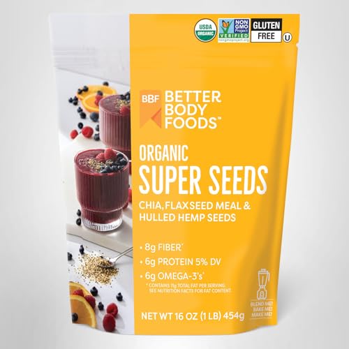 BetterBody Foods Organic Super Seeds label highlights gluten-free and certified organic credibility.