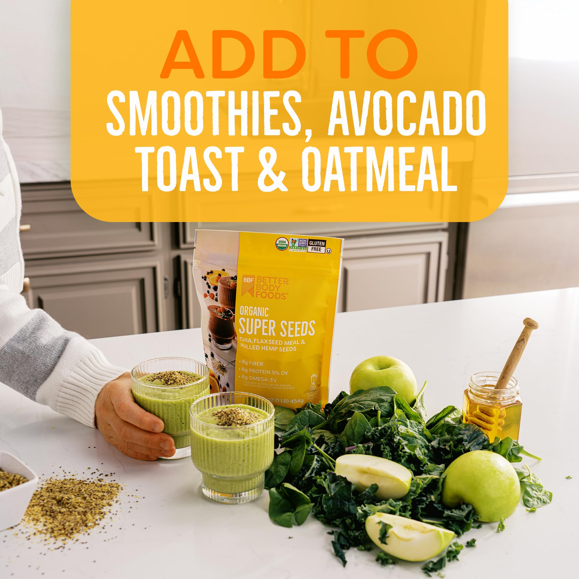 BetterBody Foods Organic Super Seeds atop oatmeal for a nutty crunch.