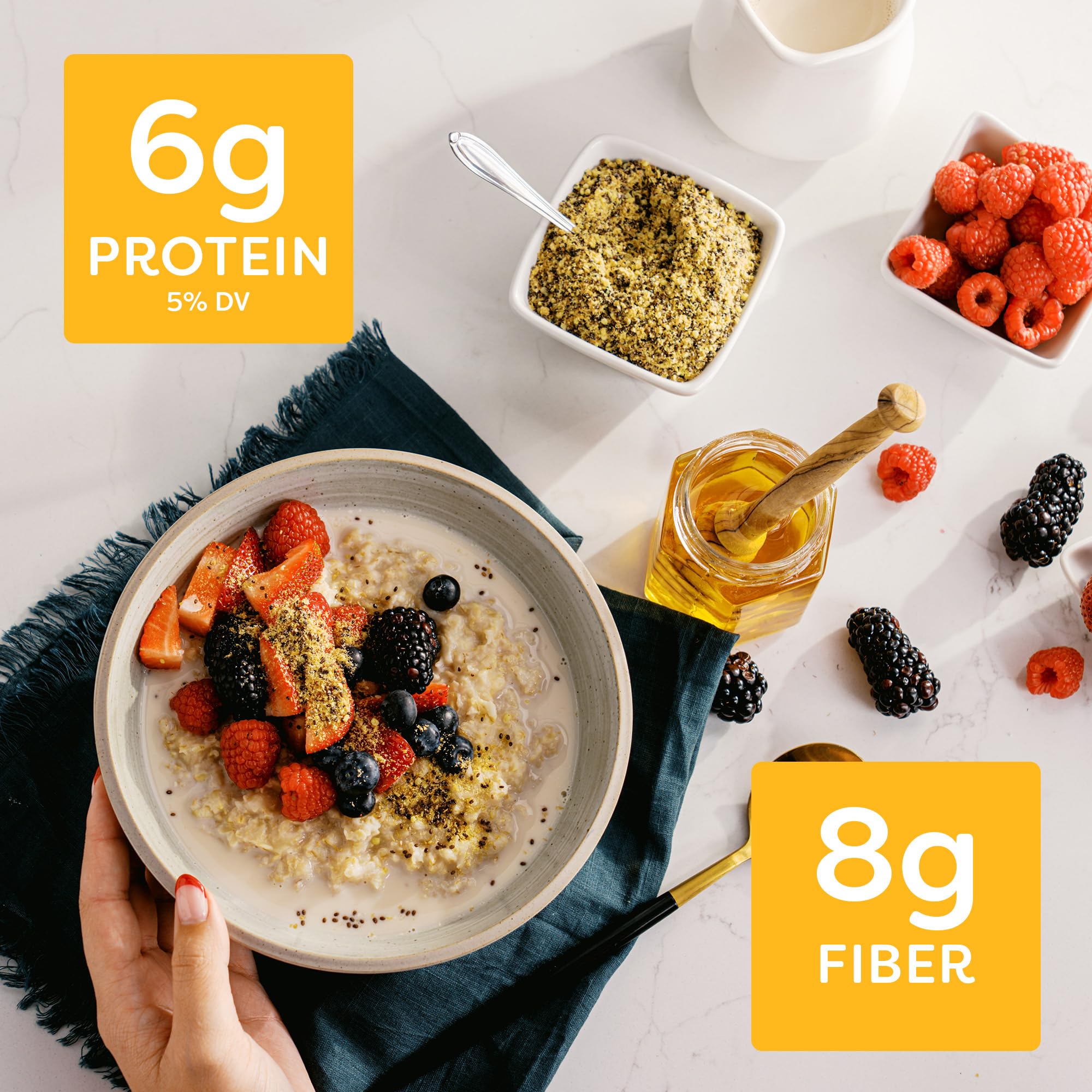BetterBody Foods Organic Super Seeds sprinkled on yogurt for fiber and flavor.