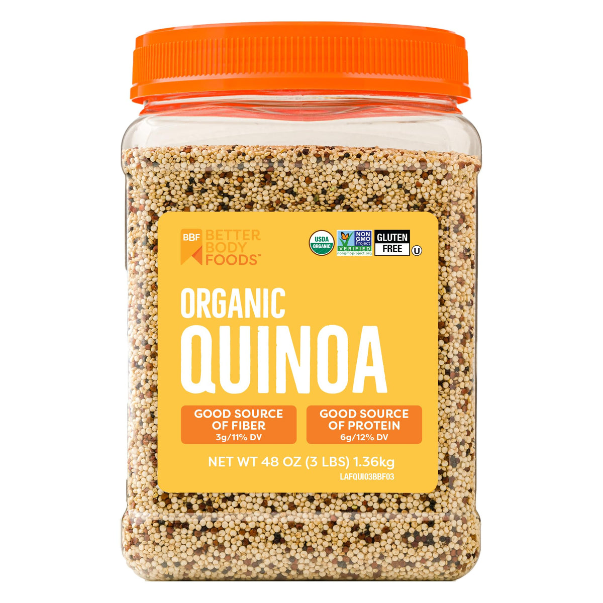 BetterBody Foods quinoa in raw form, a protein-rich pantry staple.
