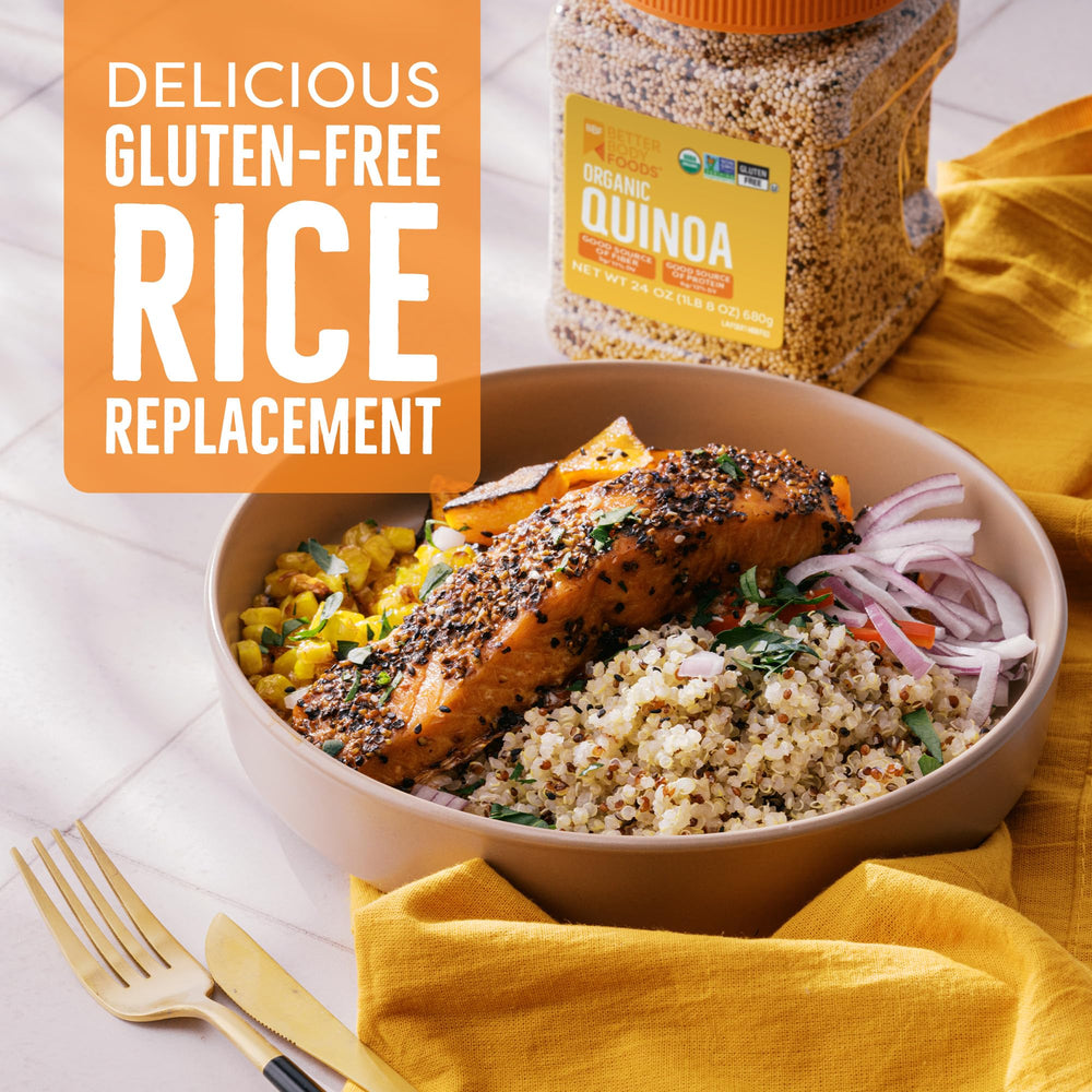 BetterBody Foods quinoa salad with colorful vegetables, nutritious texture.