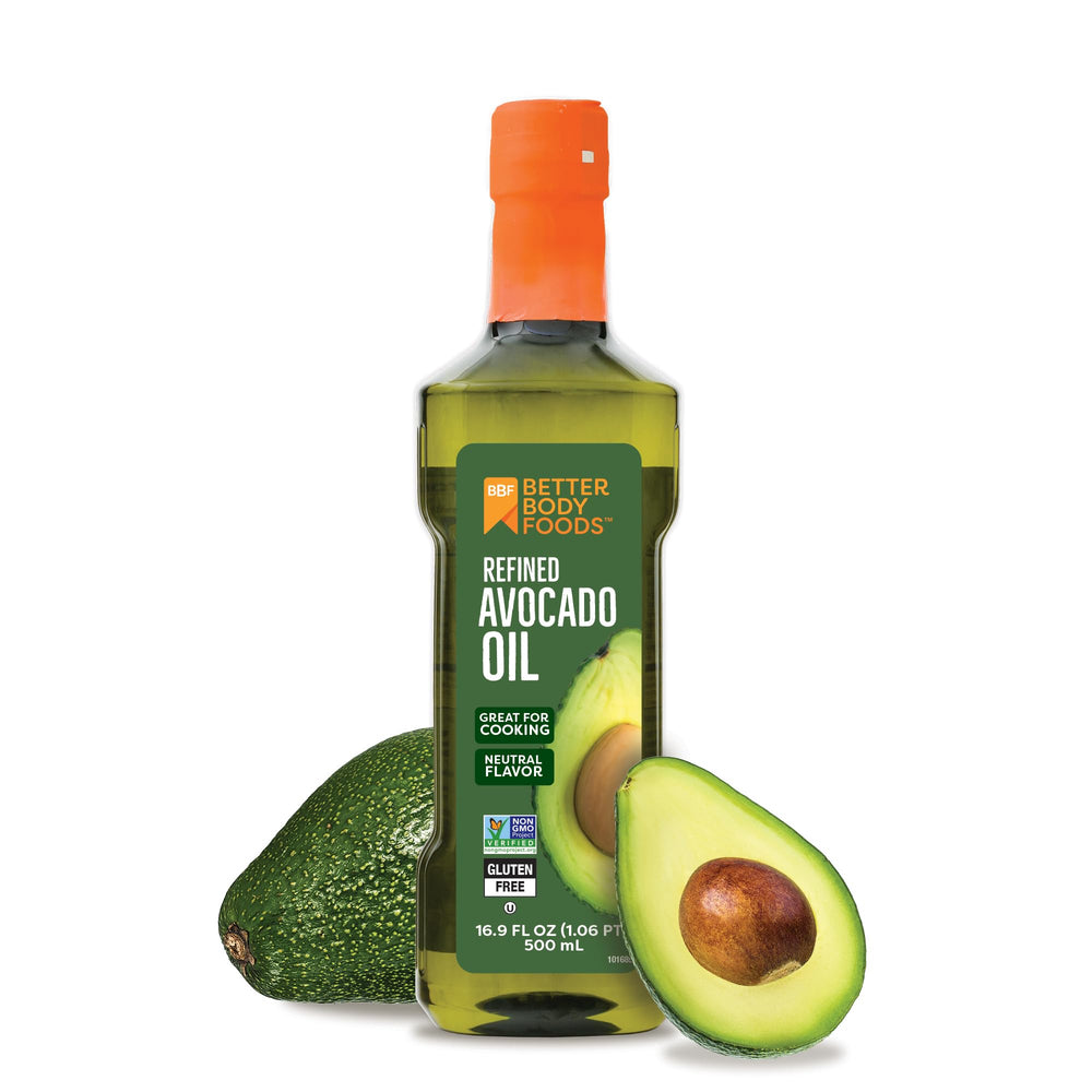 BetterBody Foods refined avocado oil bottle pour for versatile cooking.