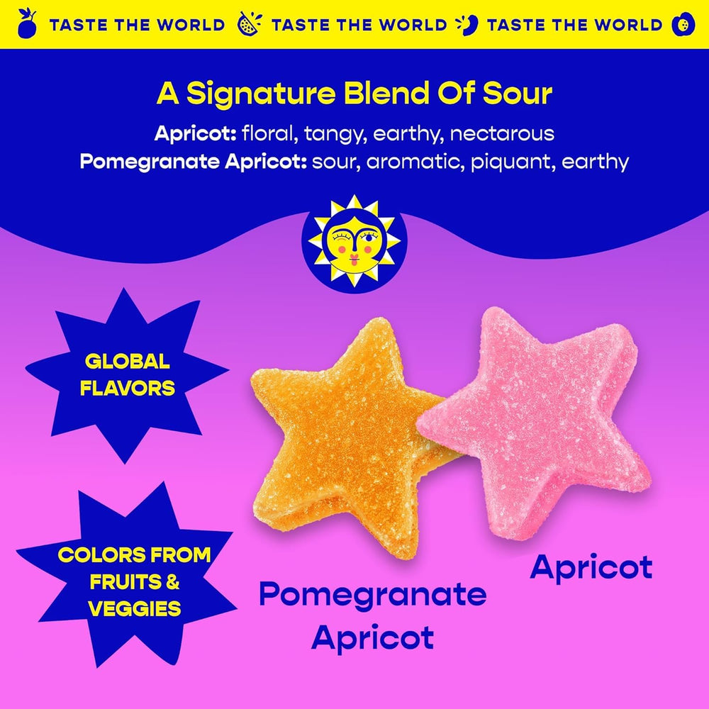 Better Sour colorful gummies on bag, vibrant hues signal natural fruit colors.