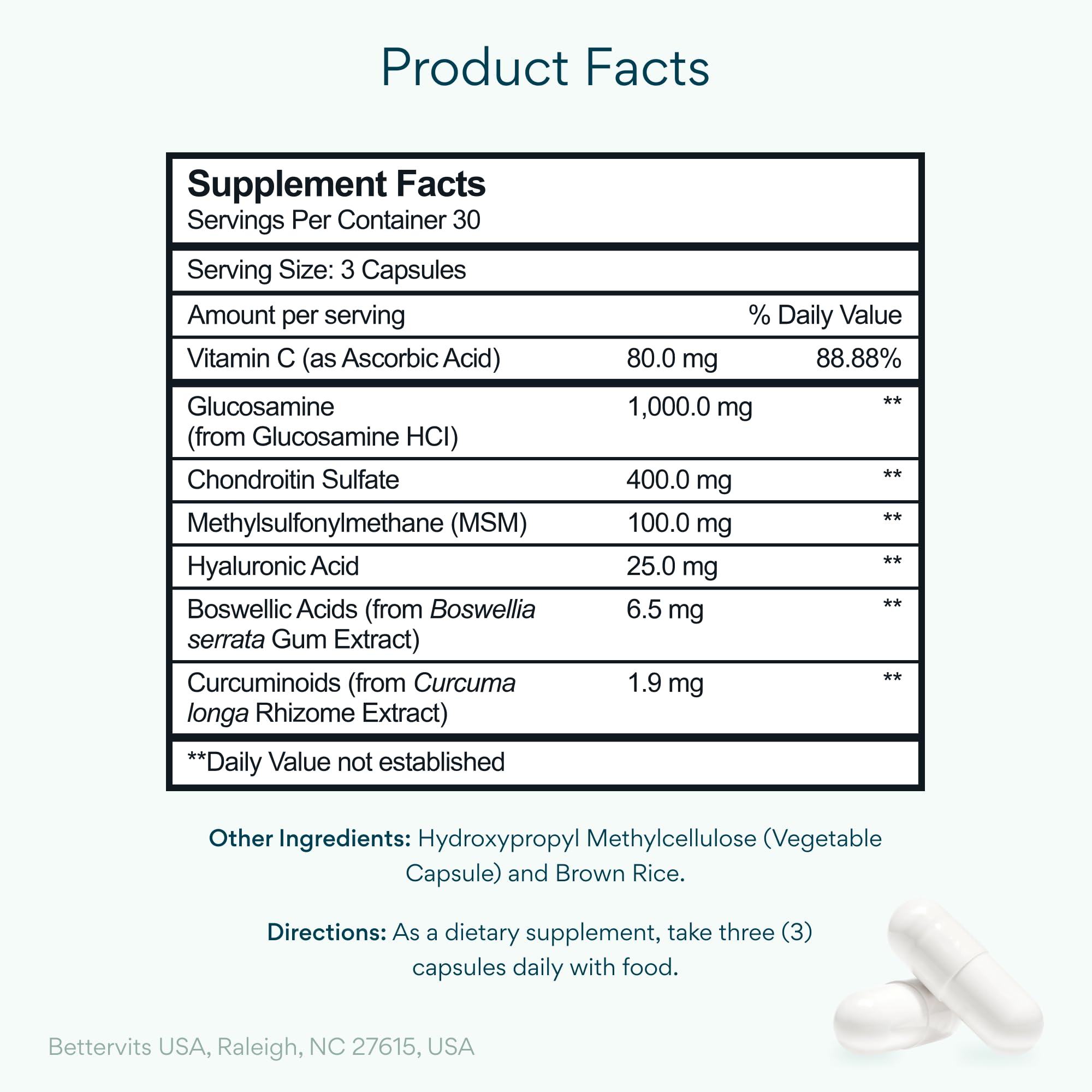 Bettervits bottle showing glucosamine chondroitin MSM supplement