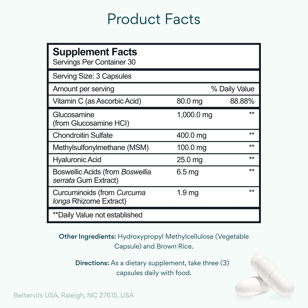 Bettervits bottle showing glucosamine chondroitin MSM supplement