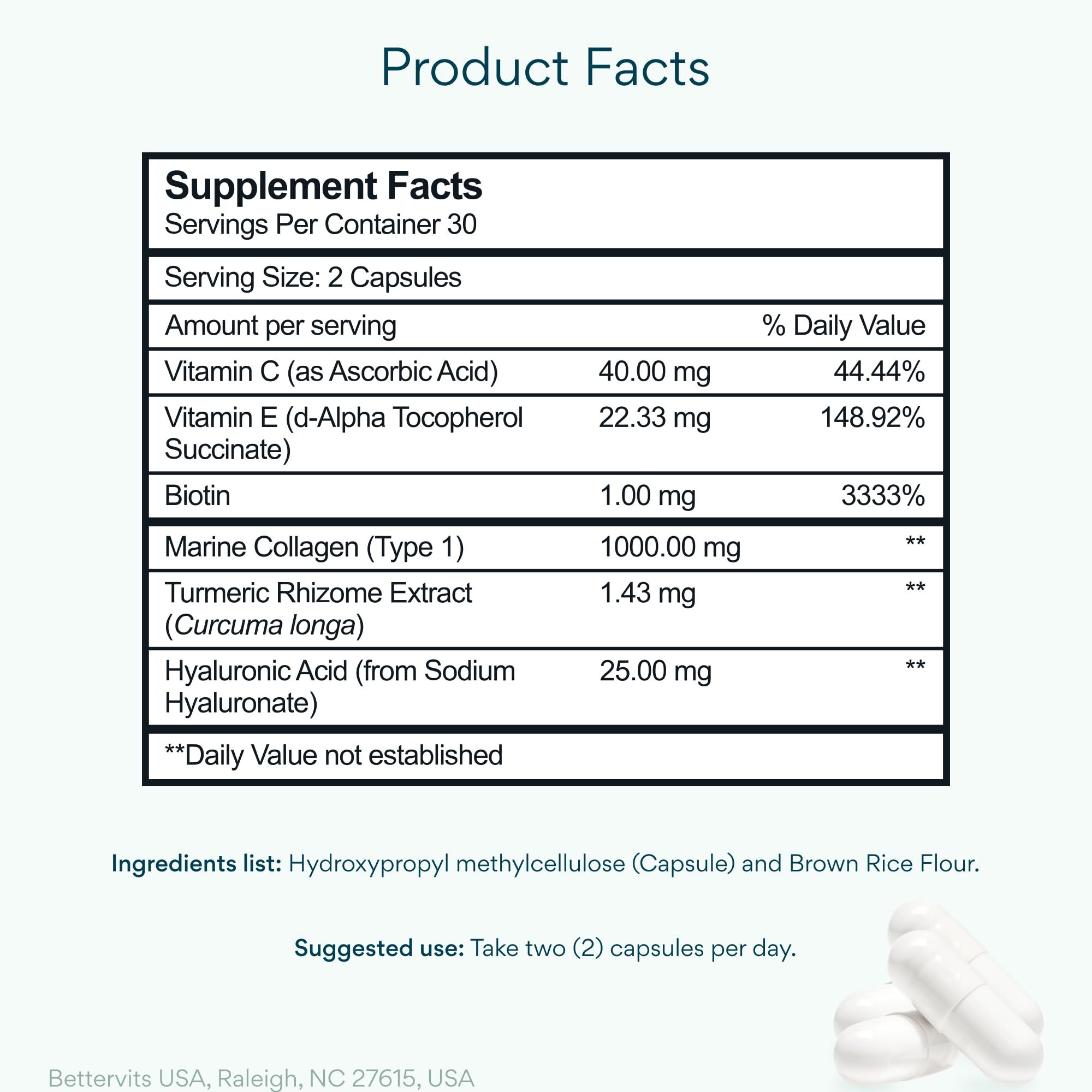 Bettervits Collagen capsules close-up highlighting hair and nail benefits.