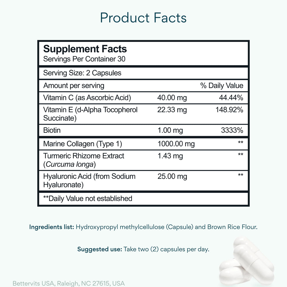 Bettervits Collagen capsules close-up highlighting hair and nail benefits.