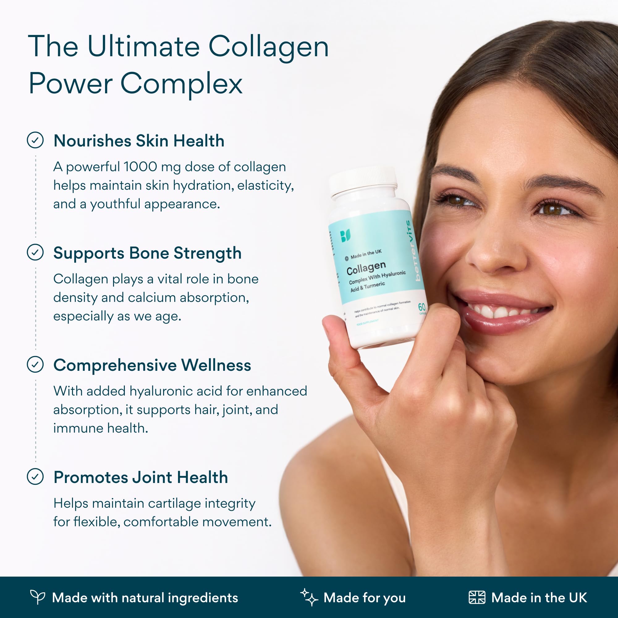Bettervits Collagen label emphasizes hyaluronic acid for moisture.