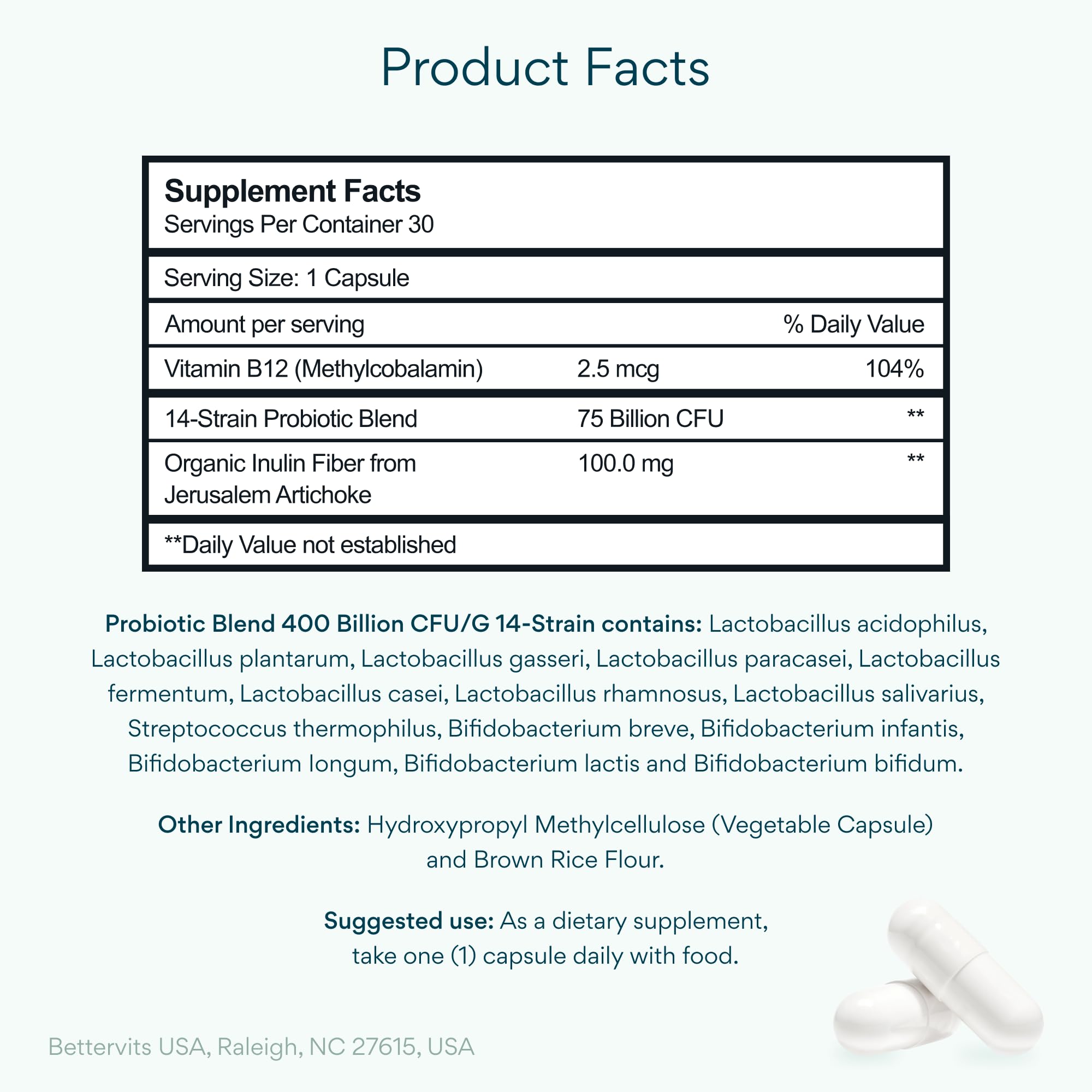 Close-up of Bettervits probiotic capsules for daily use