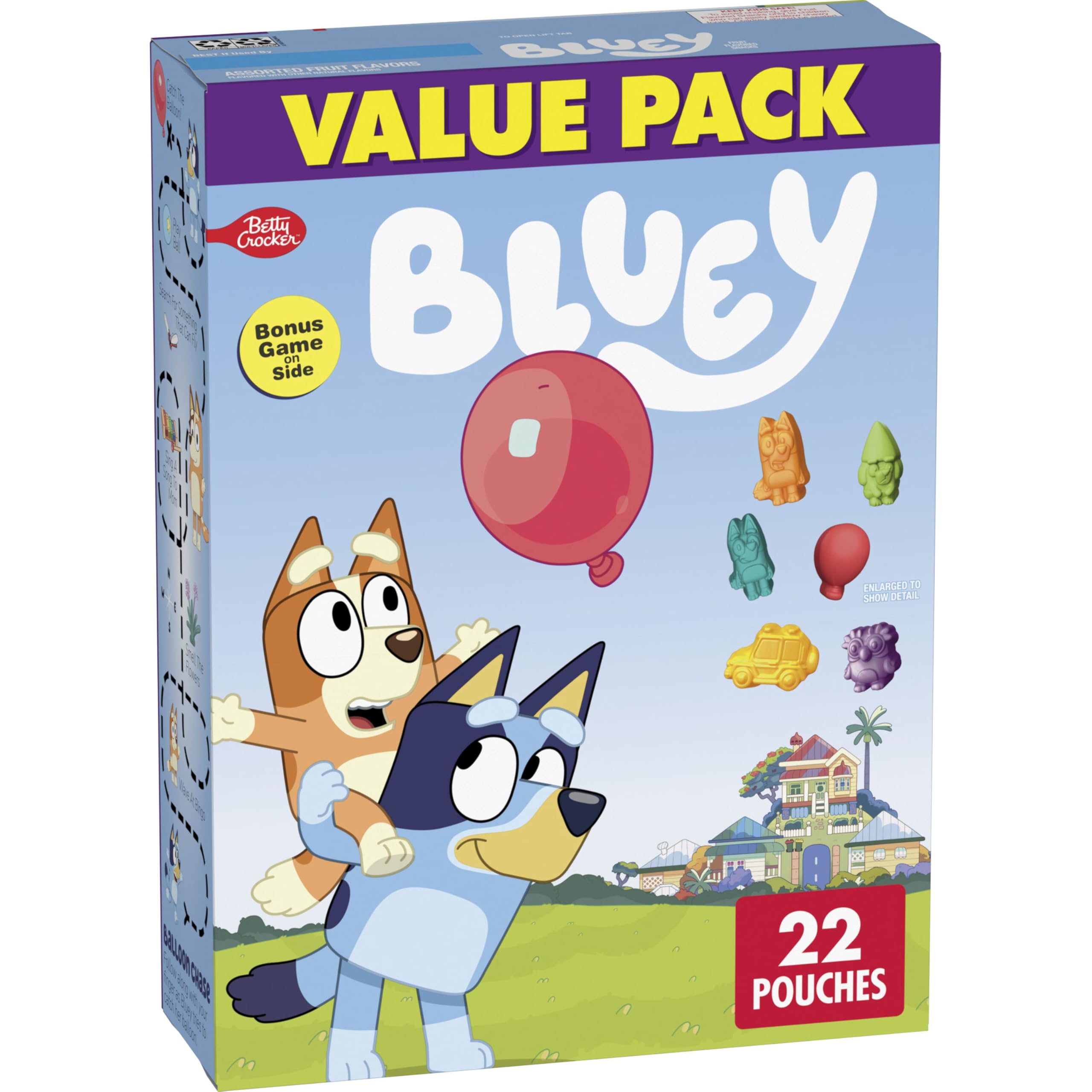Betty Crocker Bluey Fruit Snacks pack front with character shapes for on-the-go snacking.