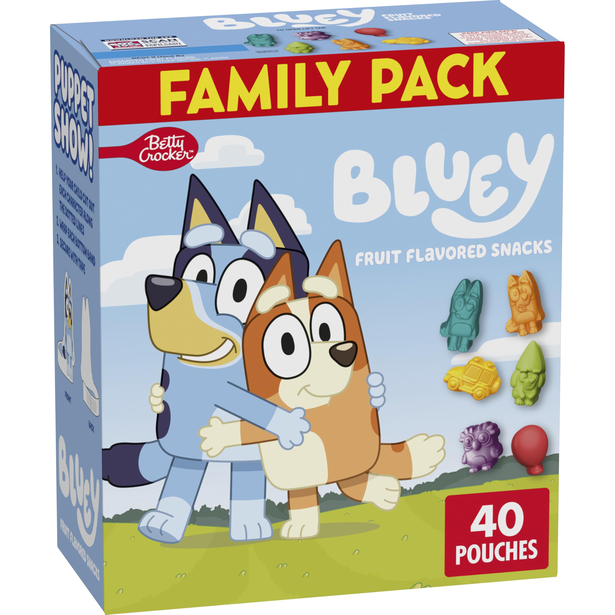 Betty Crocker Bluey Fruit Flavored Snacks pack shot, gluten-free and vitamin C.