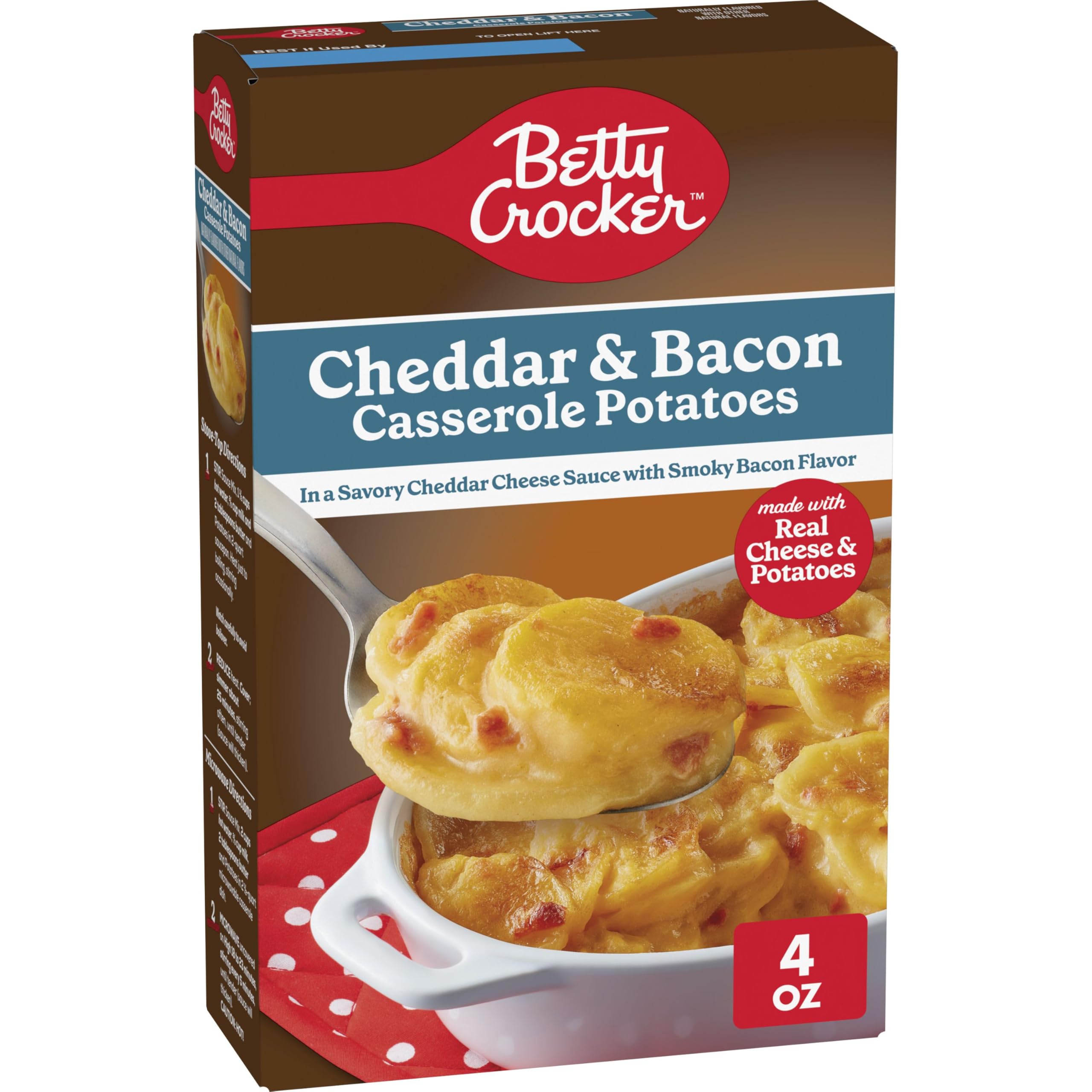 Betty Crocker Cheddar and Bacon Casserole Potatoes box showcases real cheese for a quick side.
