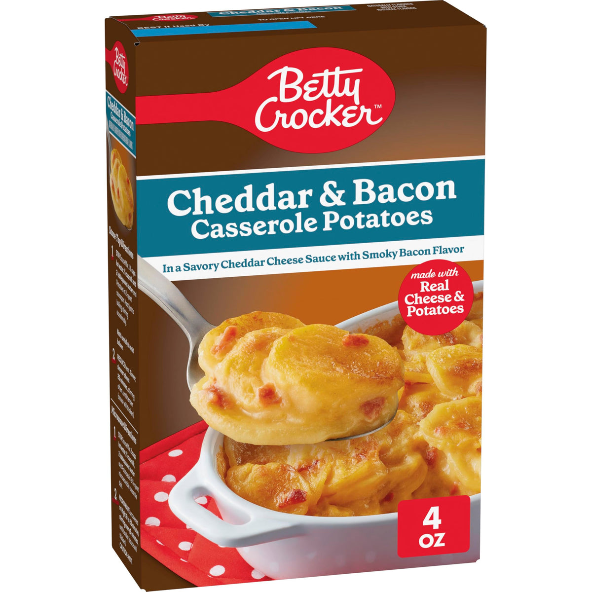 Betty Crocker Cheddar and Bacon Casserole Potatoes box showcases real cheese for a quick side.