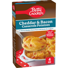 Betty Crocker Cheddar and Bacon Casserole Potatoes box showcases real cheese for a quick side.