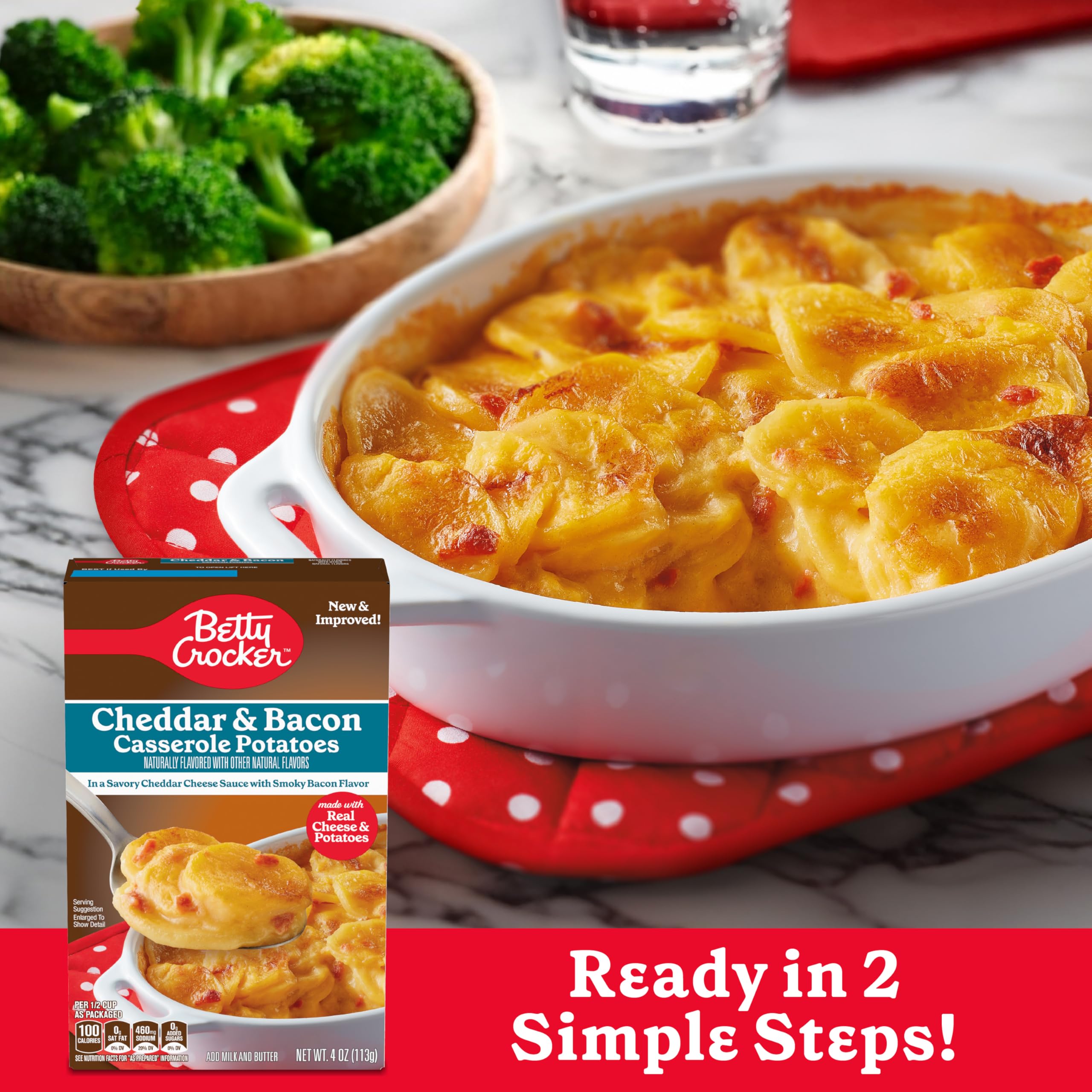 Package highlights real cheese and sliced potatoes for Betty Crocker mix.