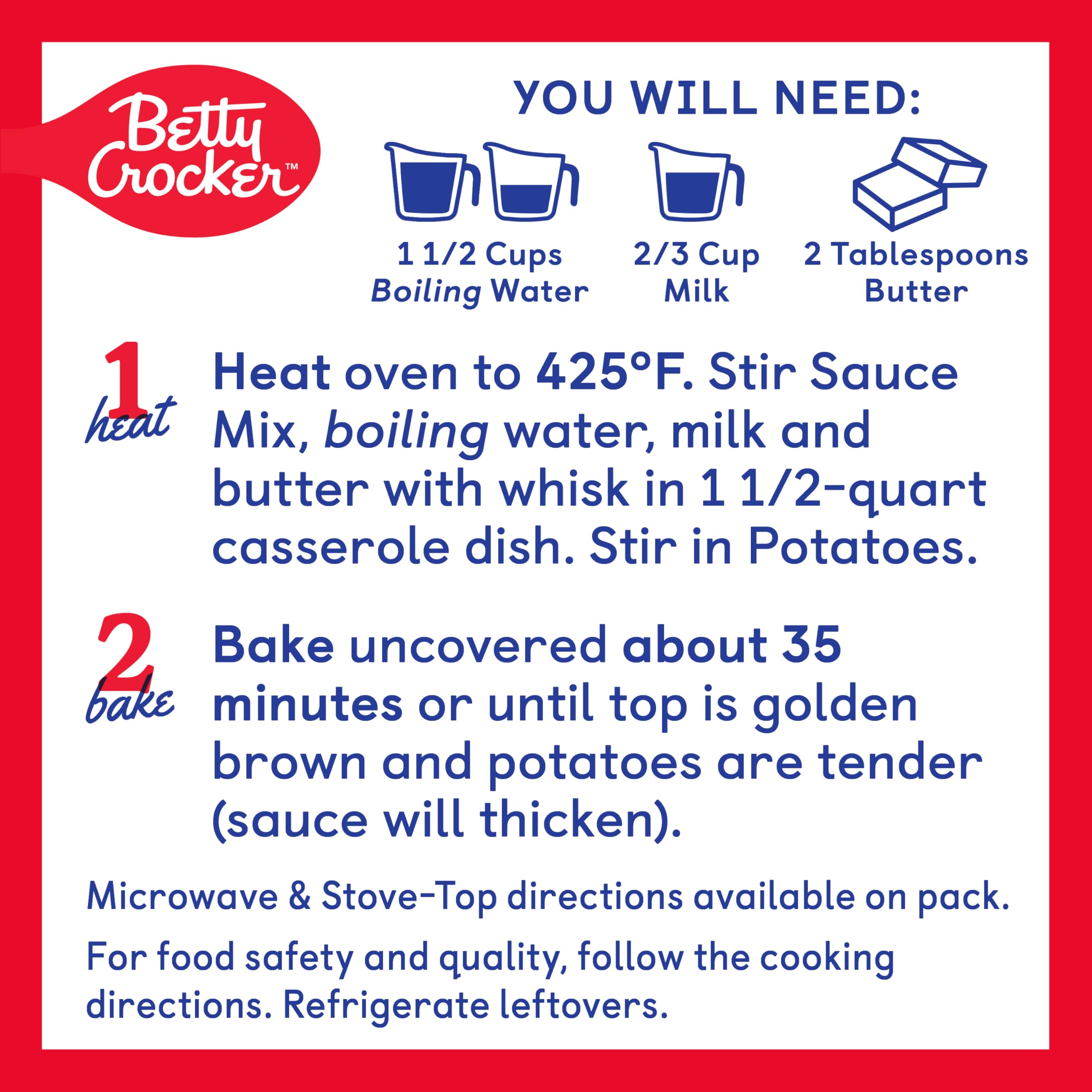 Kitchen scene showing Betty Crocker Cheddar and Bacon Potatoes with simple prep steps.