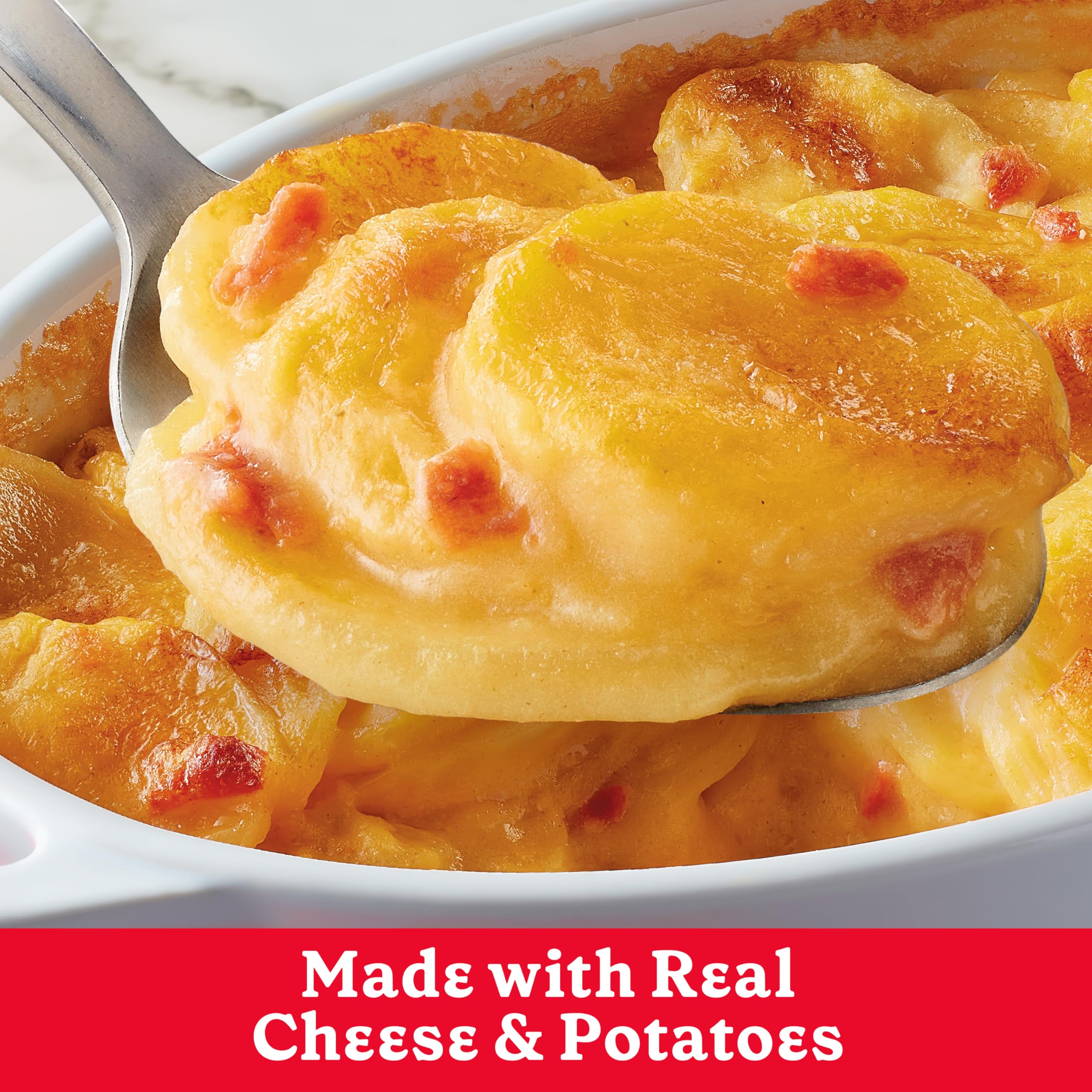 Betty Crocker Cheddar and Bacon Potatoes served in a family-style dish.