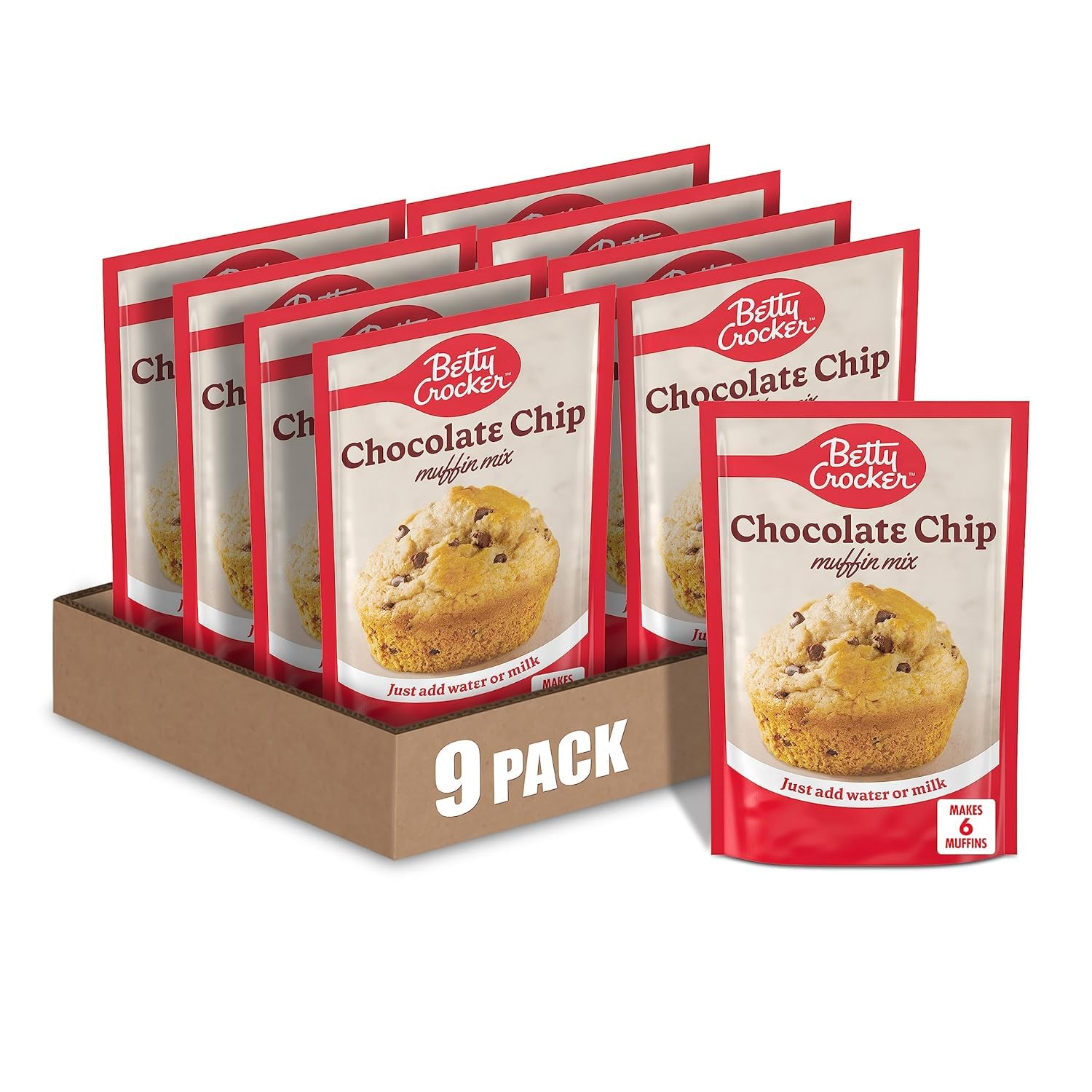 Betty Crocker choc chip muffin mix box front showing quick, tasty treats