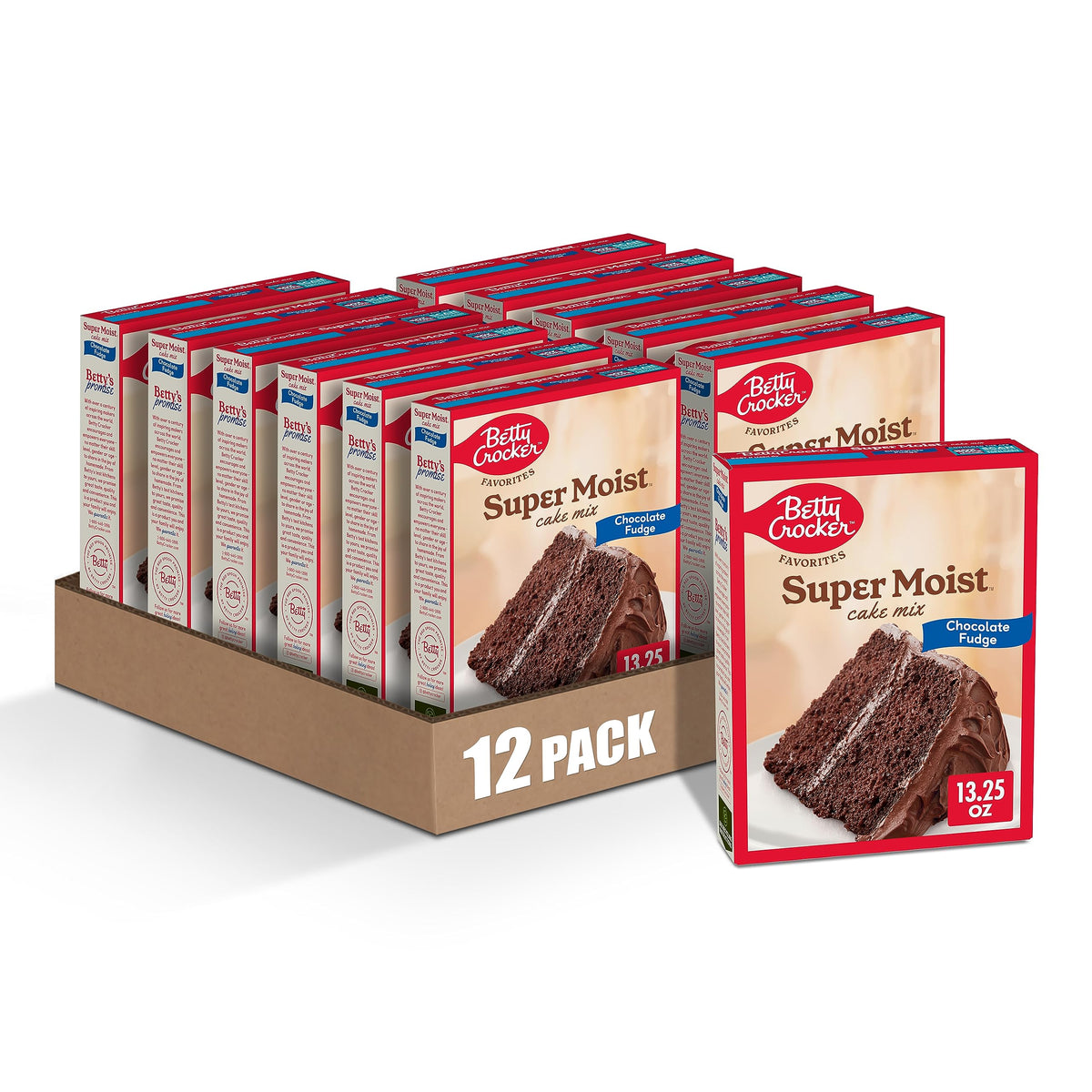Betty Crocker cake mix box shows a 12-pack for easy party desserts.