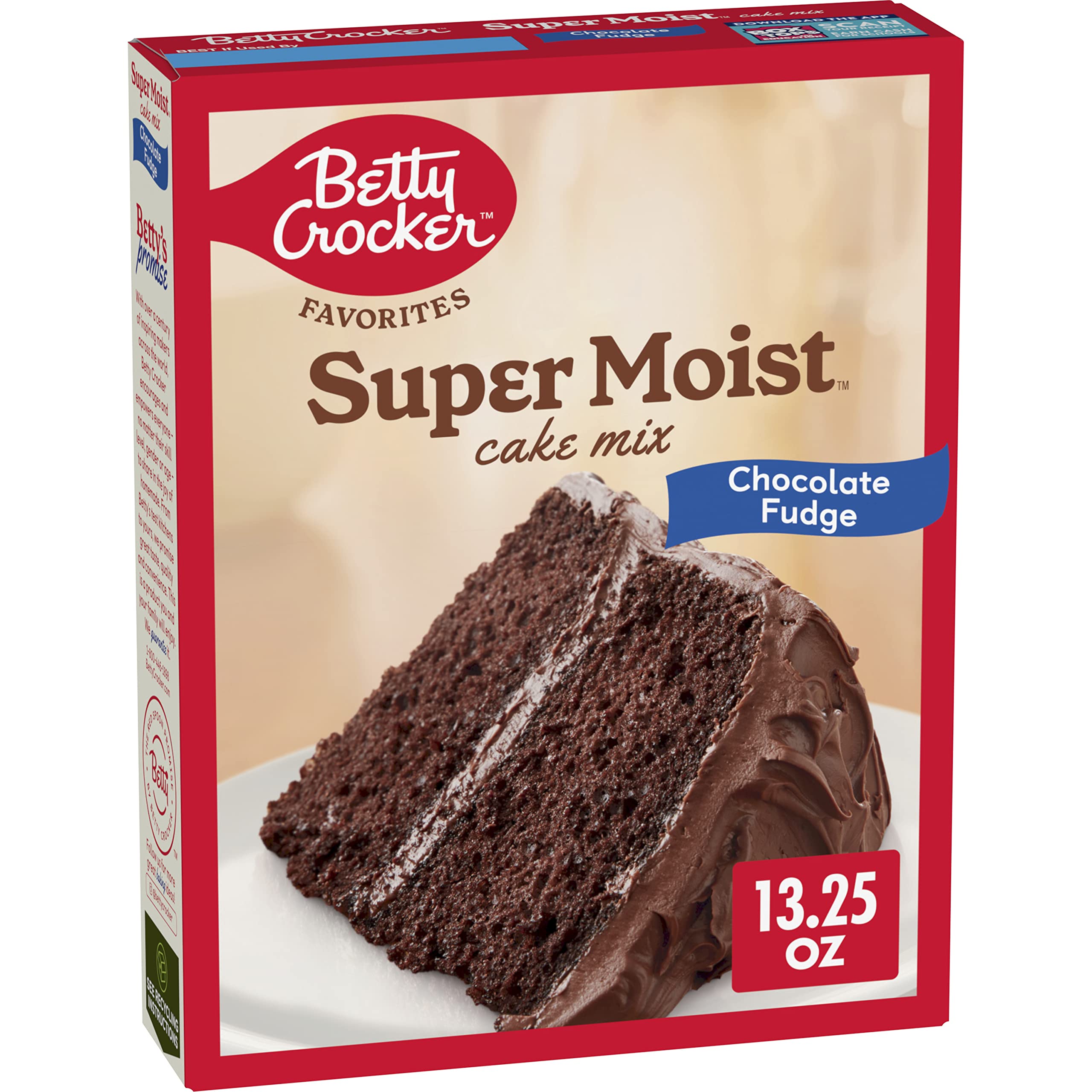 Betty Crocker Favorites Super Moist Chocolate Fudge Cake Mix box ready to bake for gatherings.