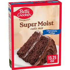 Betty Crocker Favorites Super Moist Chocolate Fudge Cake Mix box ready to bake for gatherings.