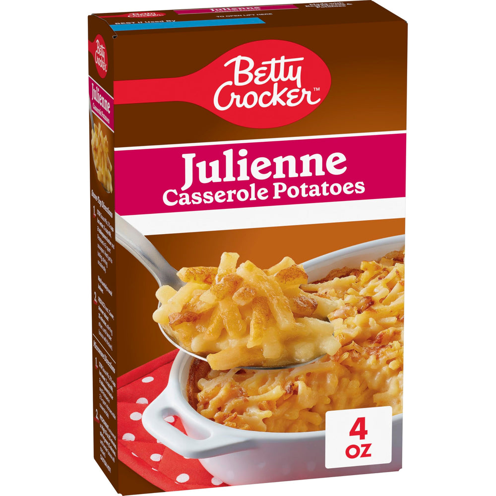 Betty Crocker Julienne Casserole Potatoes box front—ready-to-prepare side.