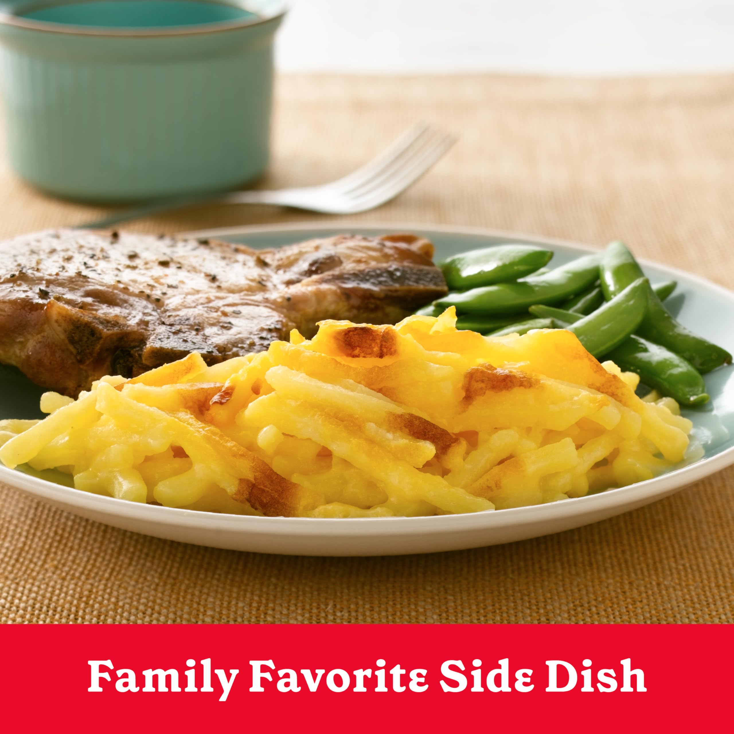 Betty Crocker Julienne Potatoes box on kitchen counter, pantry-friendly convenience.