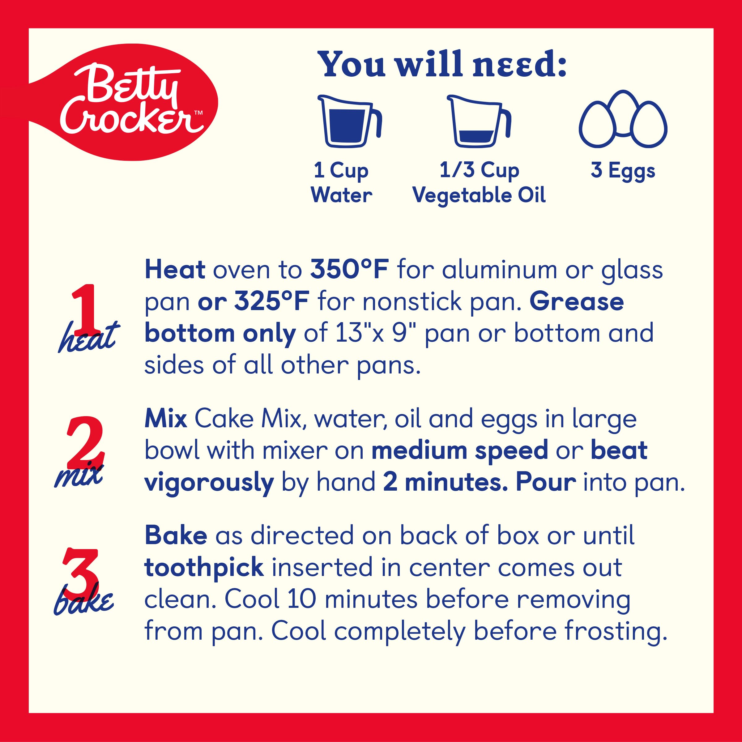 Betty Crocker measuring cups beside box during quick bake.