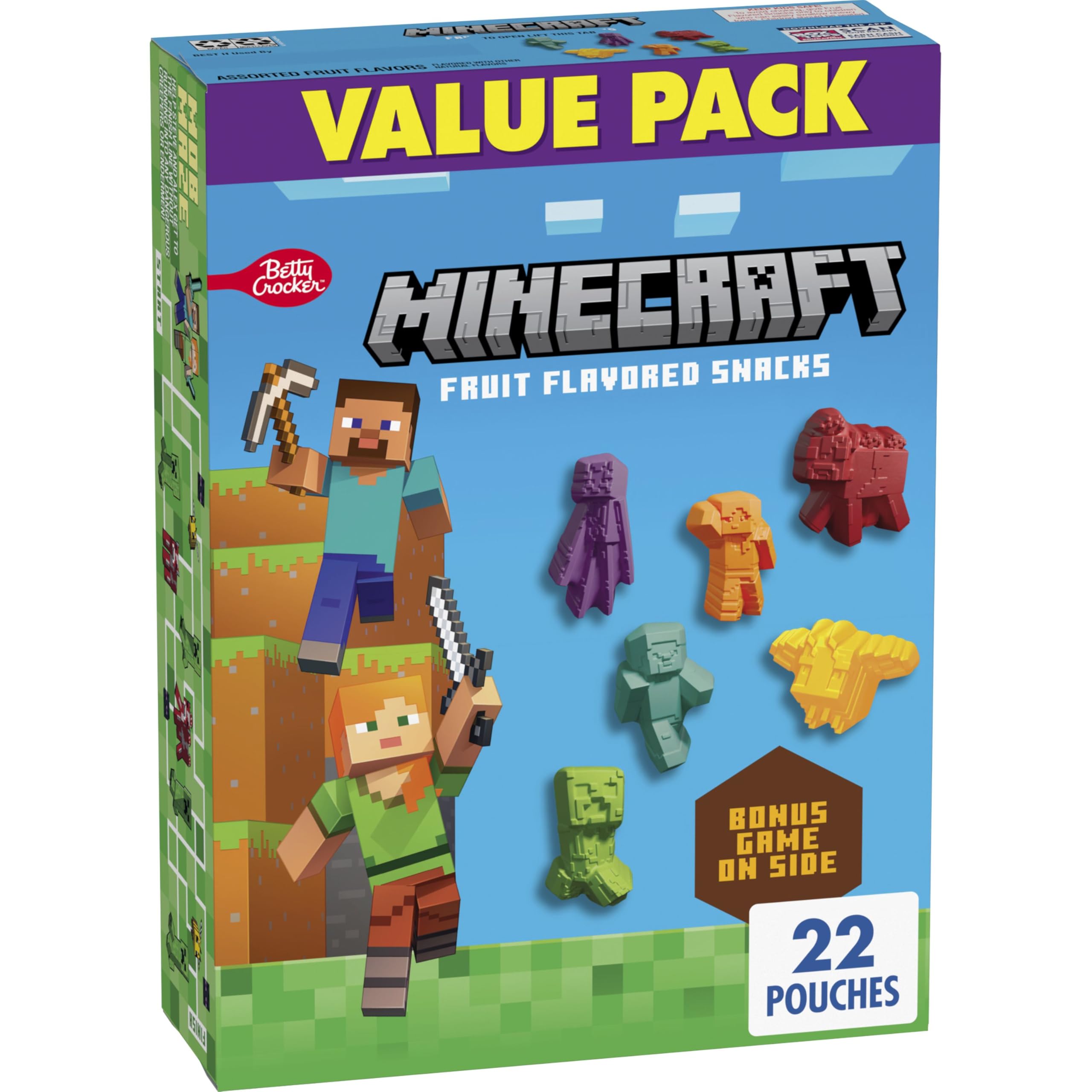 Betty Crocker Minecraft Fruit Flavored Snacks box front highlighting gluten-free, fat-free qualities.