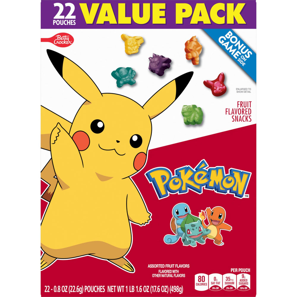 Betty Crocker Pokemon Fruit Snacks characters-shaped treats, fun and tasty for kids.