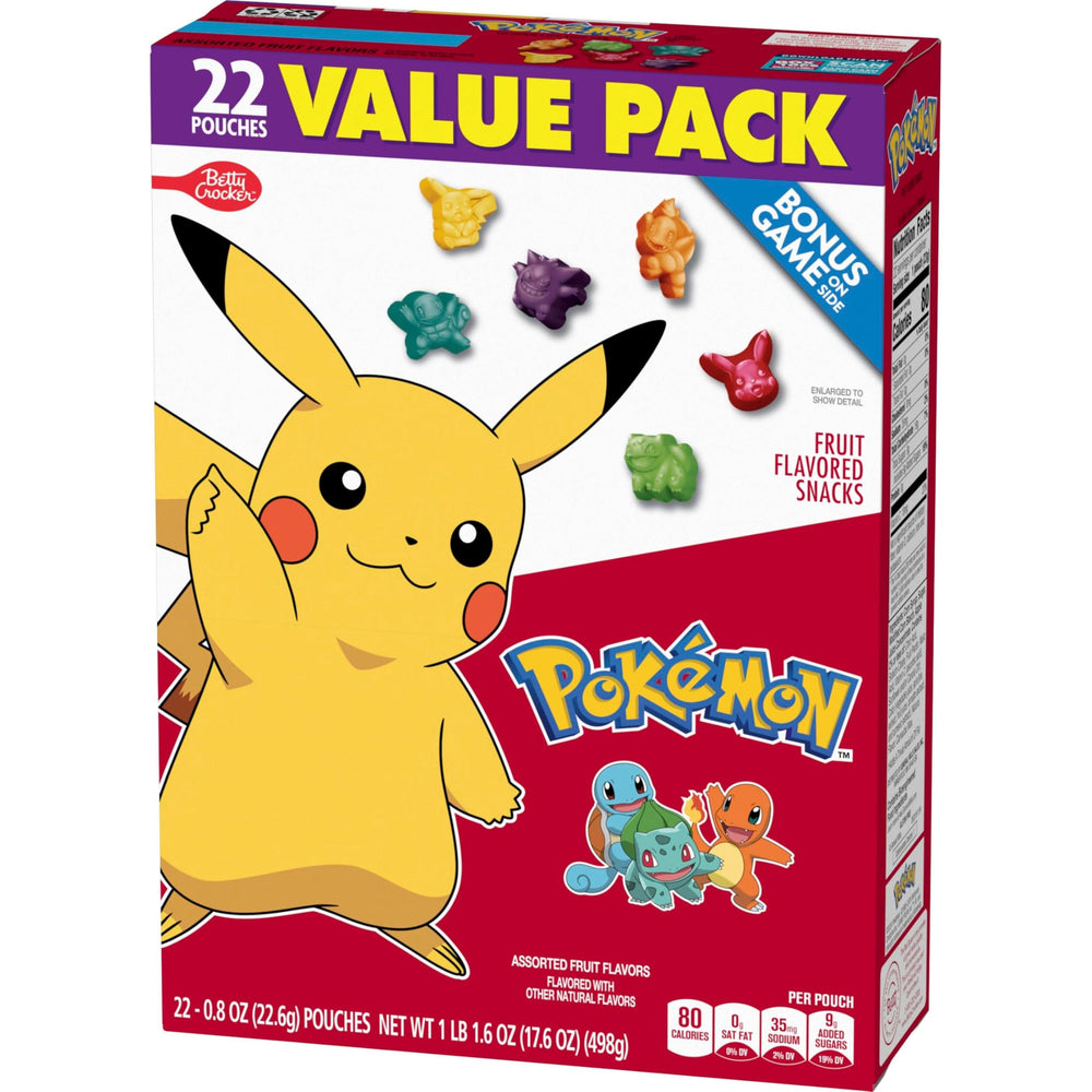 Betty Crocker Pokemon Fruit Snacks packaging, easy grab-and-go snack for busy days.