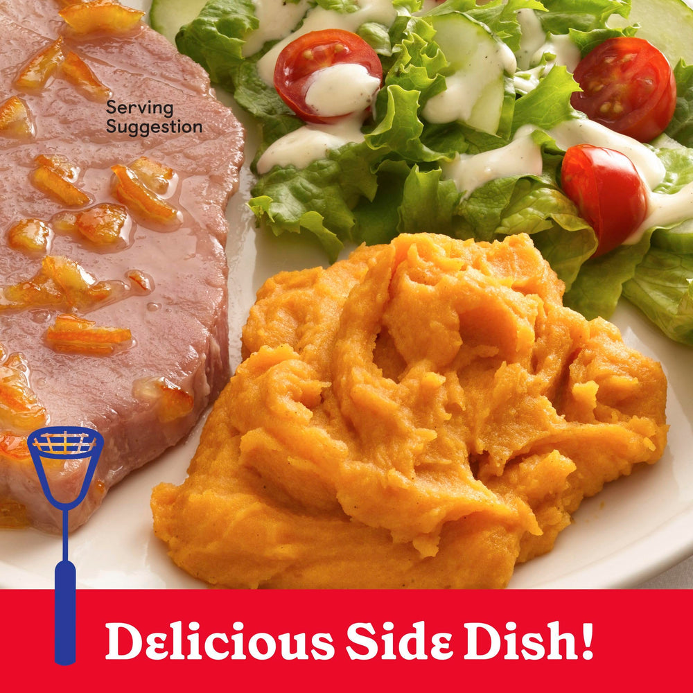Betty Crocker Sweet Potato Mashed Potatoes; eight-pouch pack ideal for pantry.