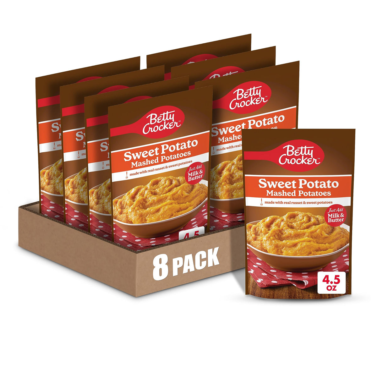 Betty Crocker Sweet Potato Mashed Potatoes pouch; quick heat, stir, and serve.