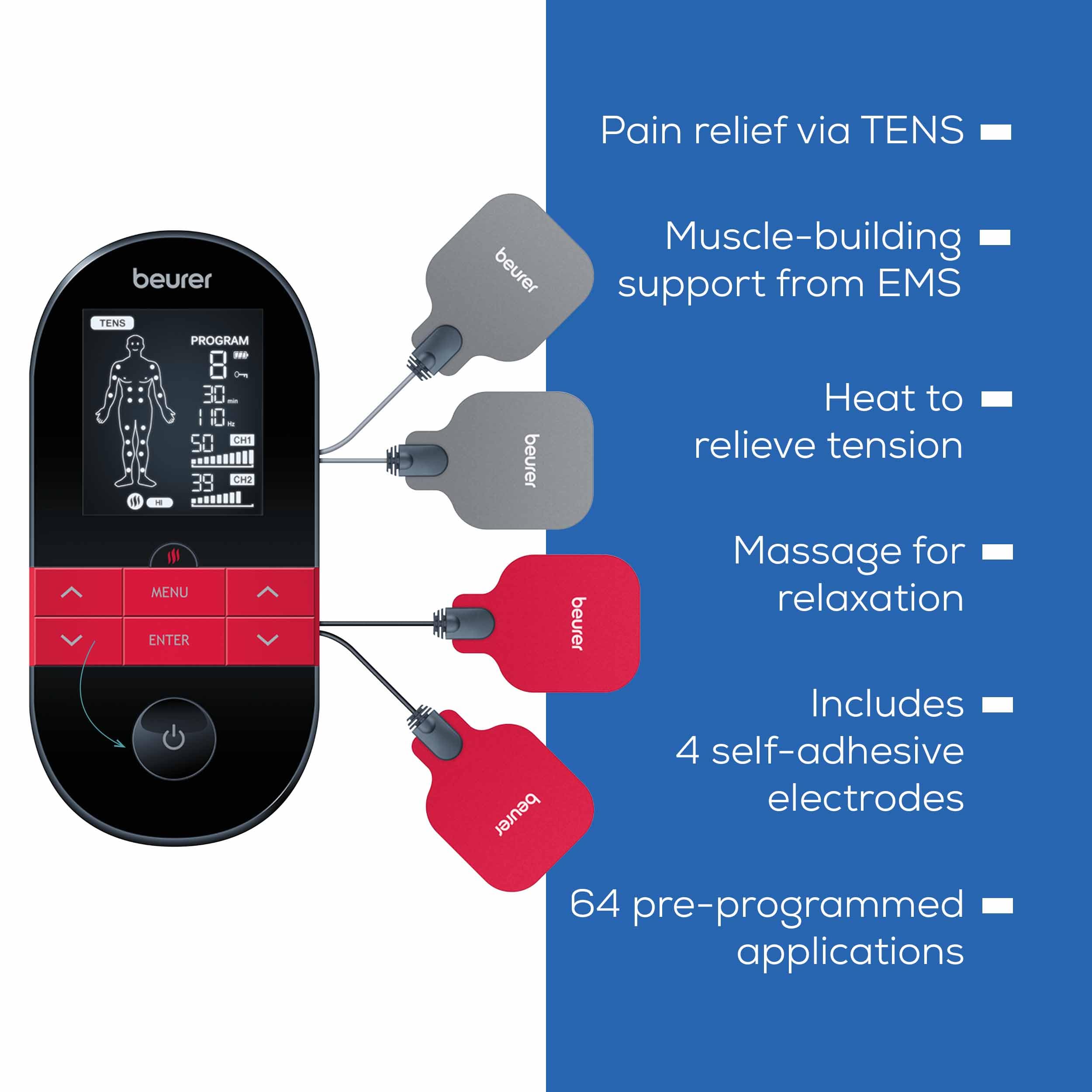 Beurer EM59 rechargeable battery ensures on‑the‑go use without frequent charging.