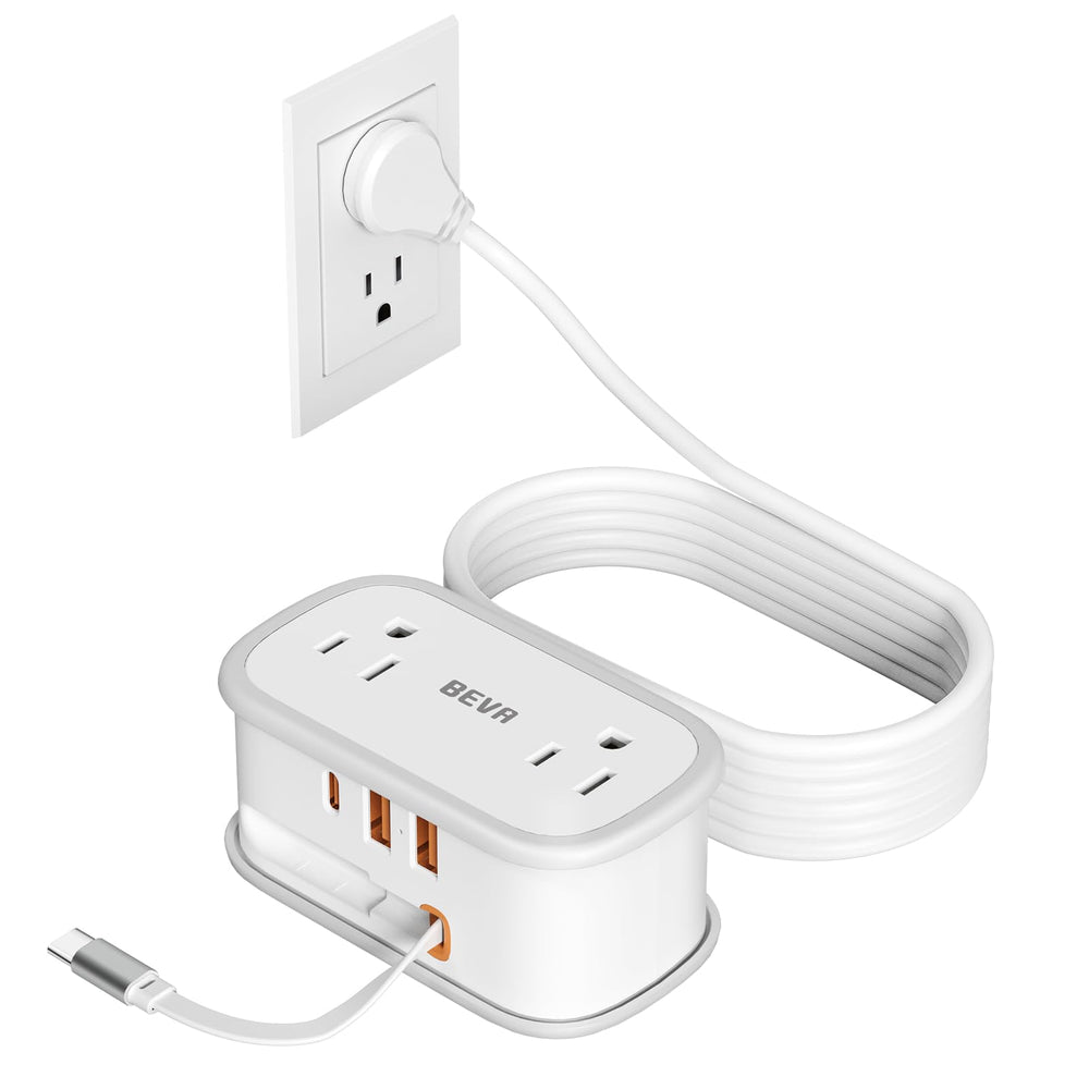 BEVA Travel Power Strip with flat plug for tight wall spaces.