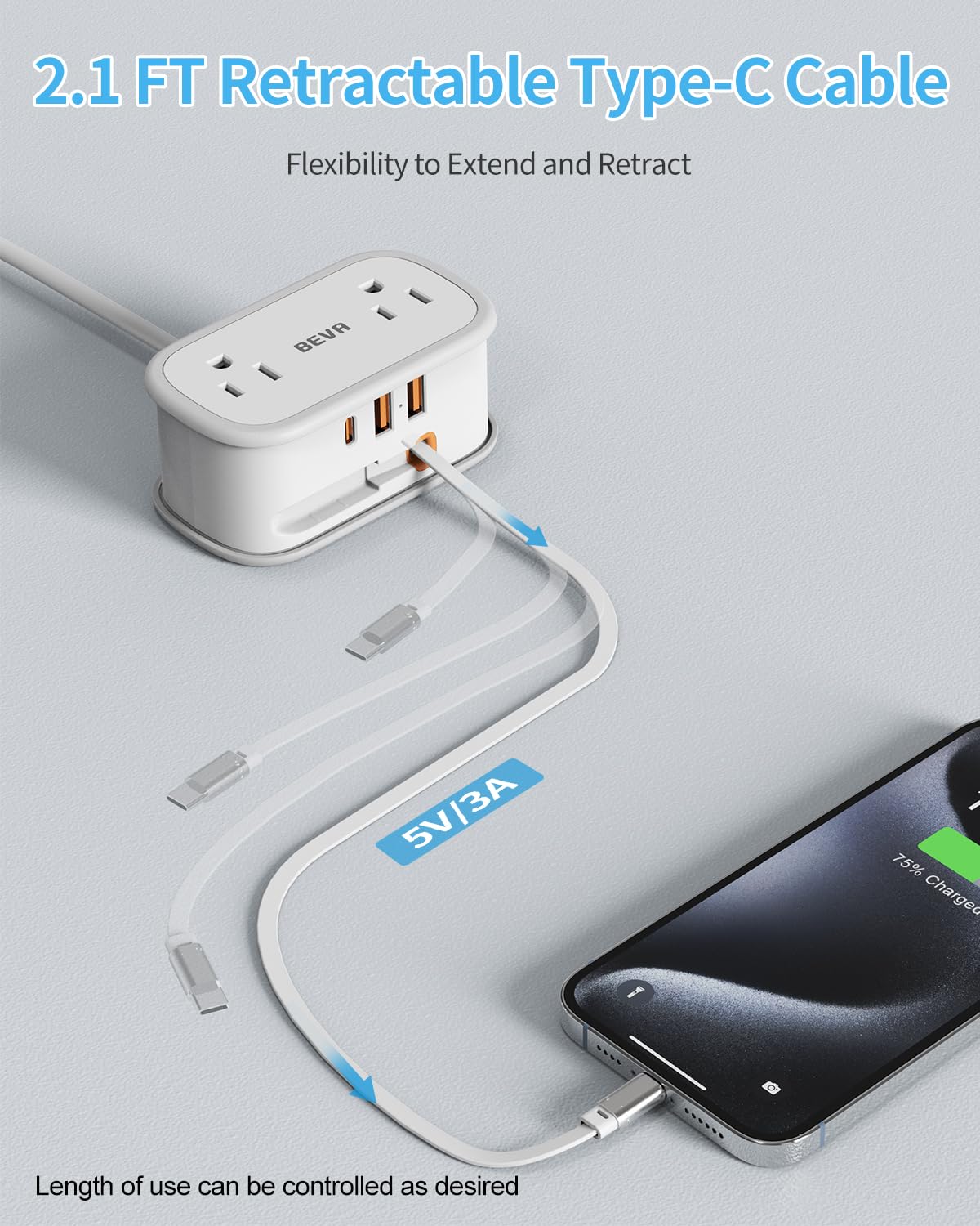 BEVA Travel Power Strip retractable USB-C cable for compact packing.