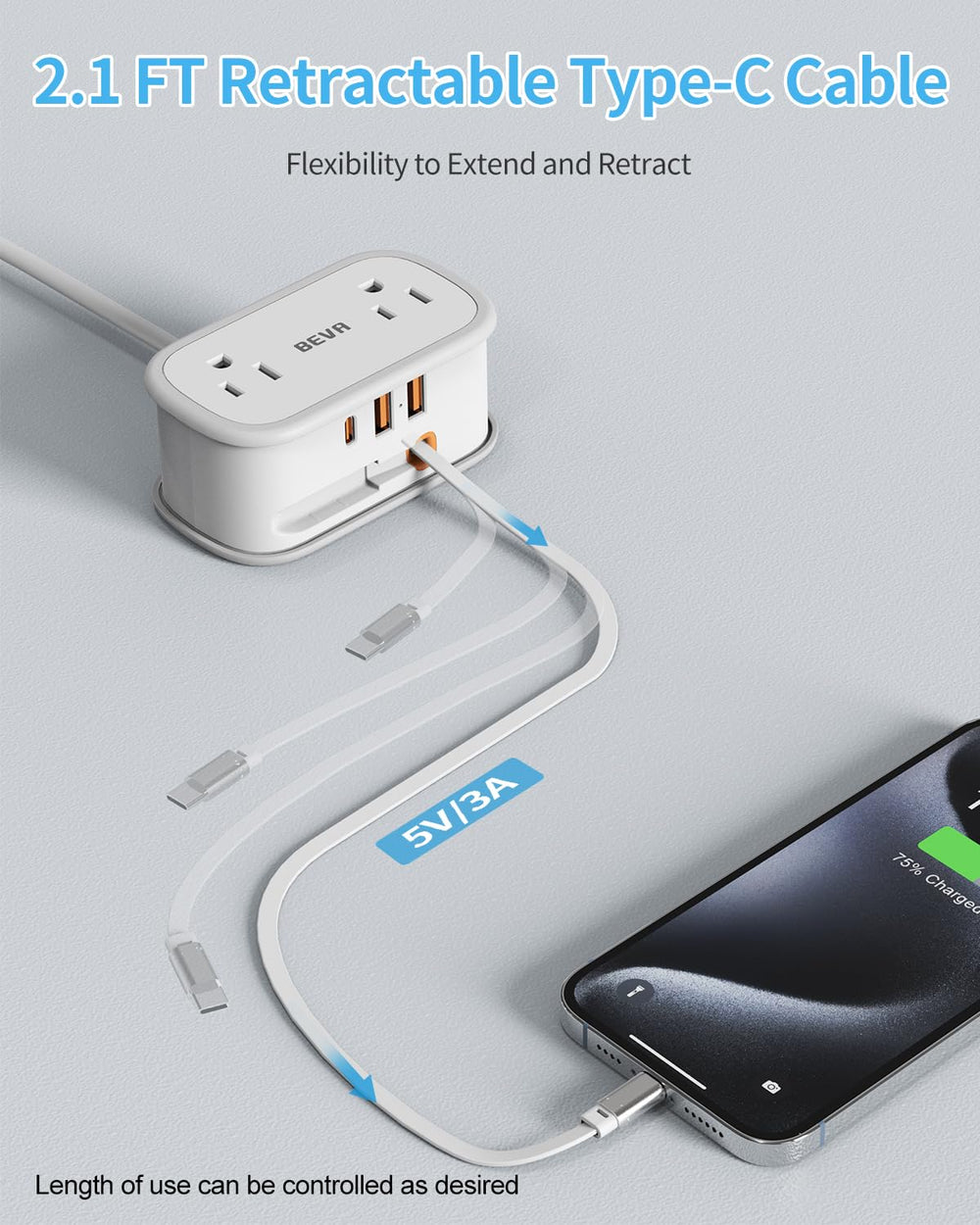 BEVA Travel Power Strip retractable USB-C cable for compact packing.