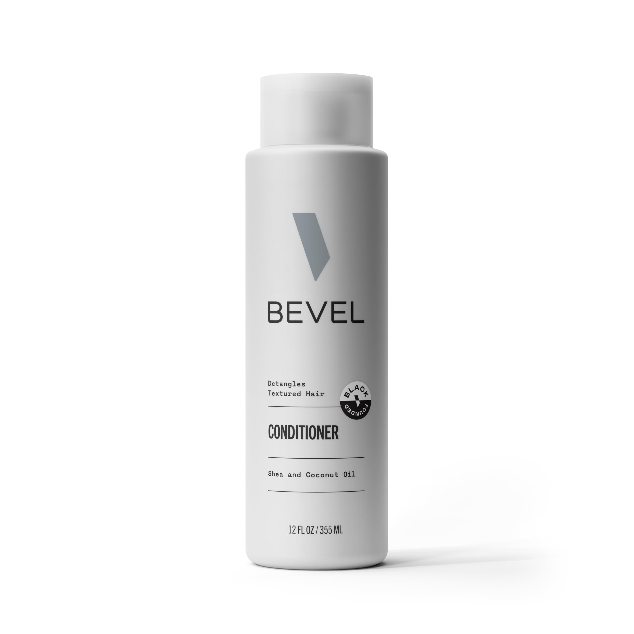 Bevel conditioner bottle showing coconut oil and shea butter for hydrated hair