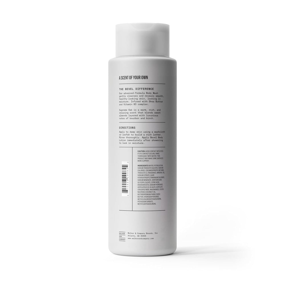 Bevel bottle on shower shelf in lifestyle setting conveying daily grooming routine