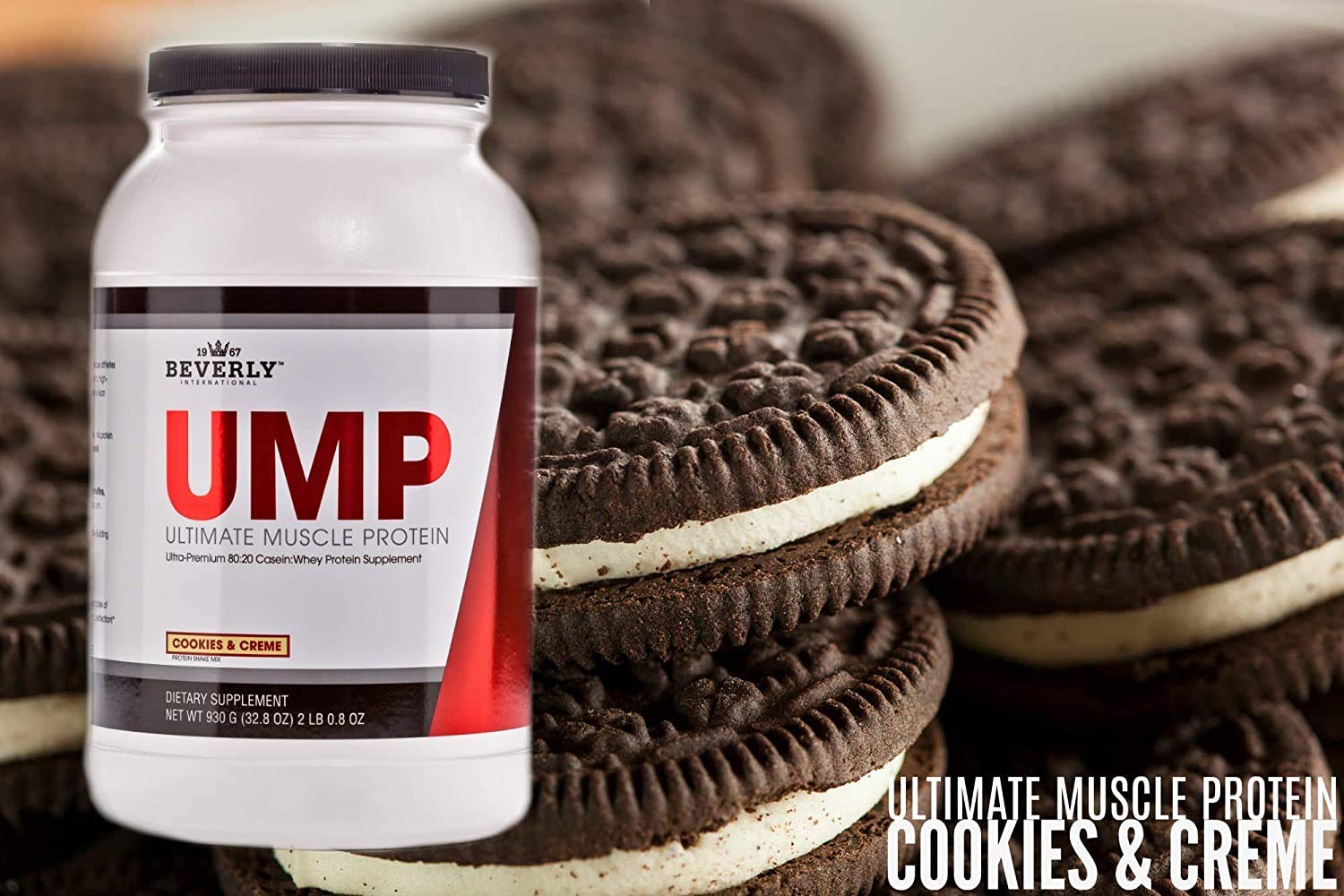 Beverly International UMP Cookies and Cream scoop signals lean muscle support and clean nutrition.